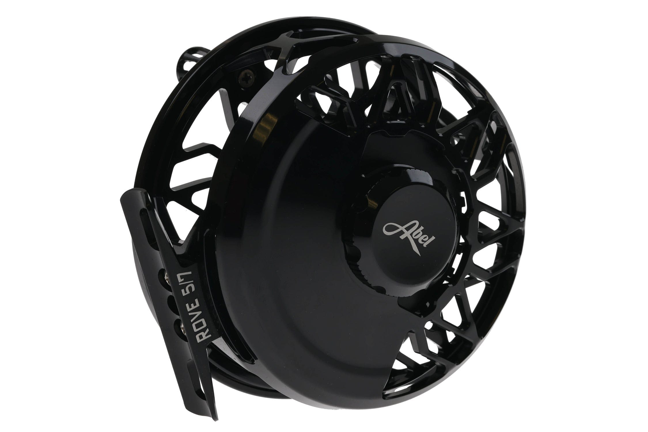 Black anodized Abel Rove fly reel with skeletonized spool, glossy aluminum finish and Abel logo on drag knob