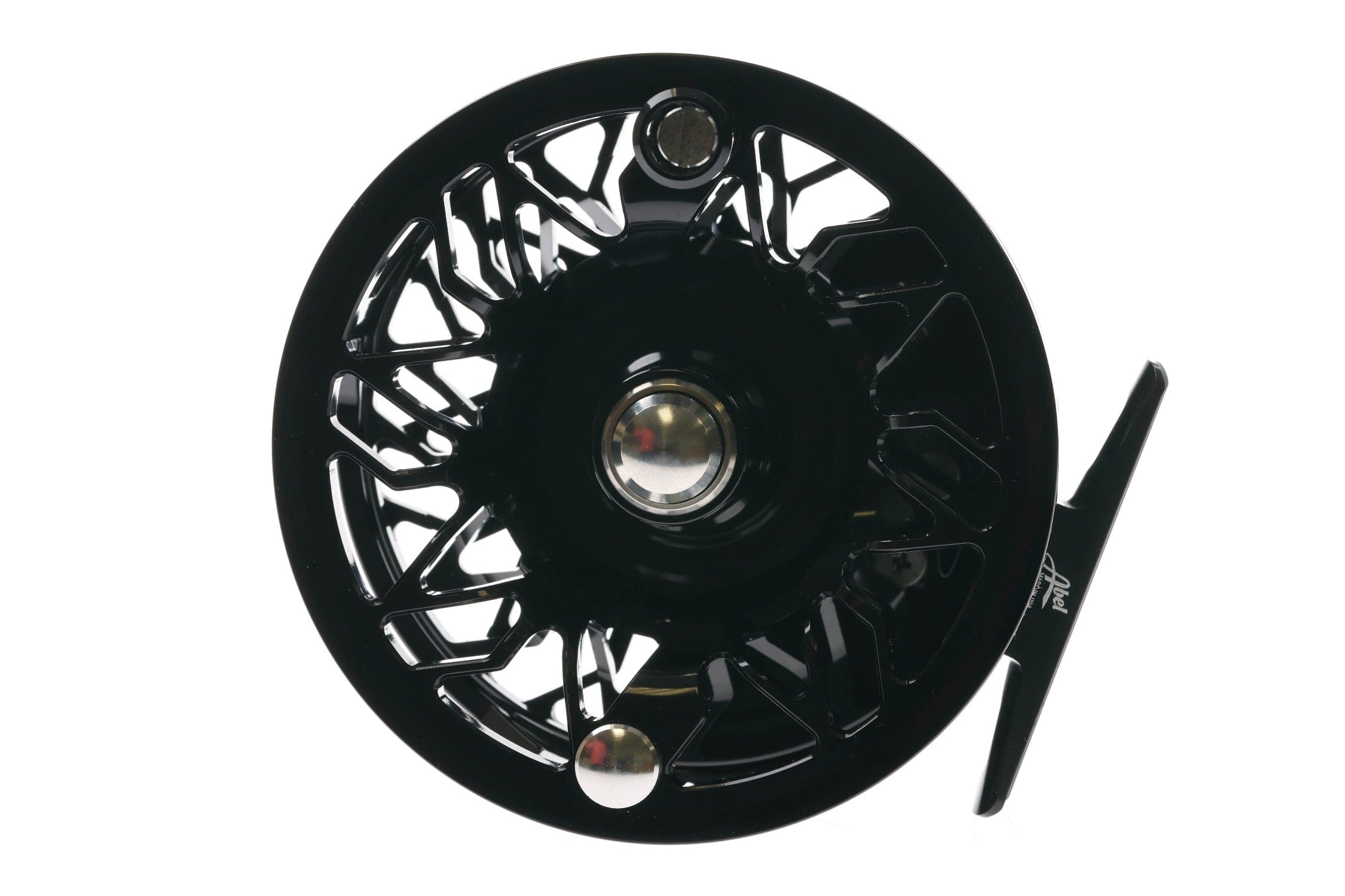 Black anodized aluminum Abel Rove fly reel with large-arbor machined spool, silver hub and geometric cutout design
