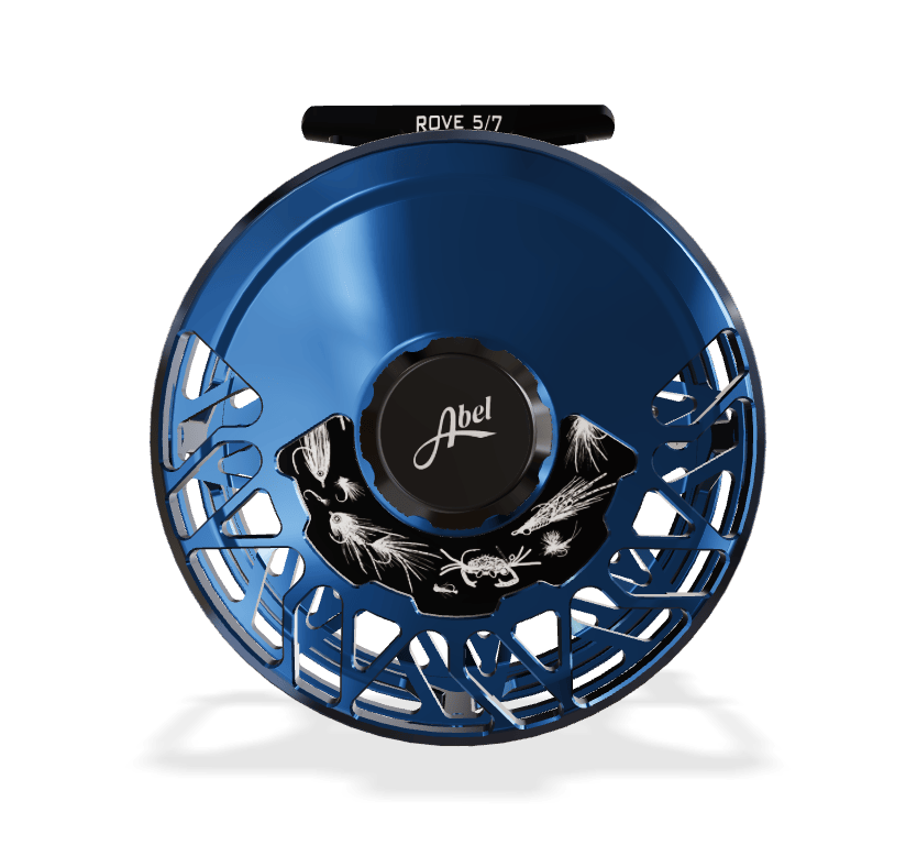Abel ROVE blue anodized aluminum fly reel with skeletonized spool, black engraved drag knob and decorative fly engravings