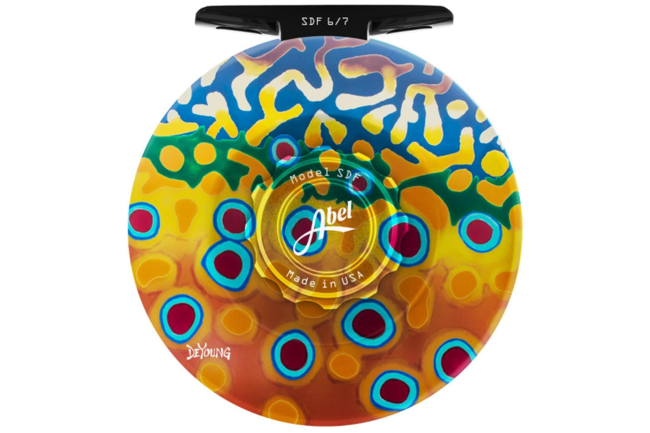 Abel SDF fly reel in anodized aluminum with vibrant blue, yellow and orange abstract pattern and turquoise-ringed red spots