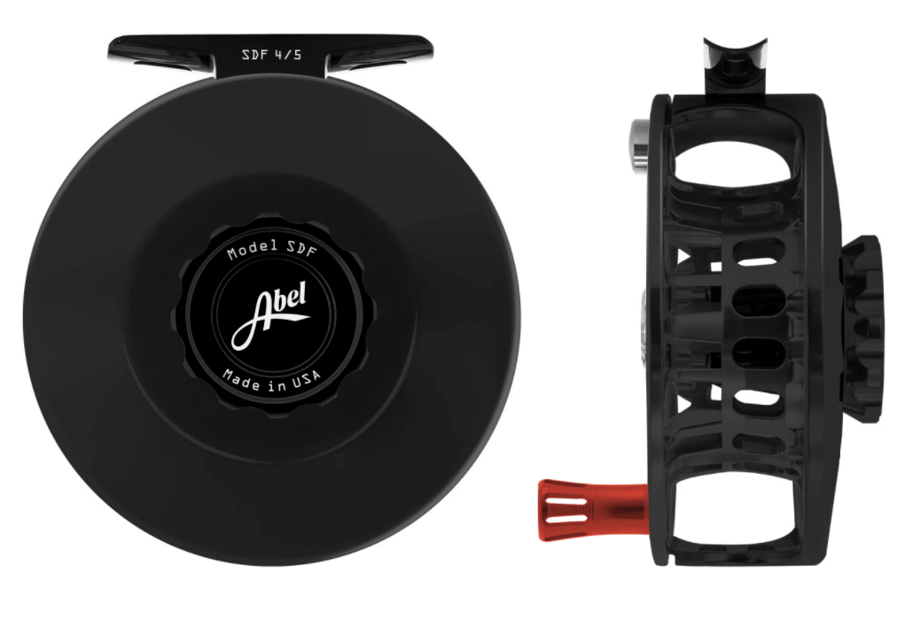 Abel SDF black anodized aluminum fly reel, top and side views, red anodized handle and ventilated spool