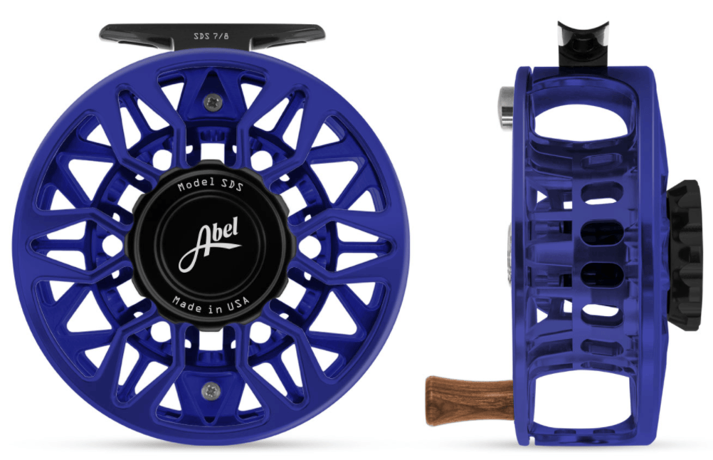 Blue anodized aluminum Abel SDS fly reel with black drag knob, skeletal spool design and wooden handle