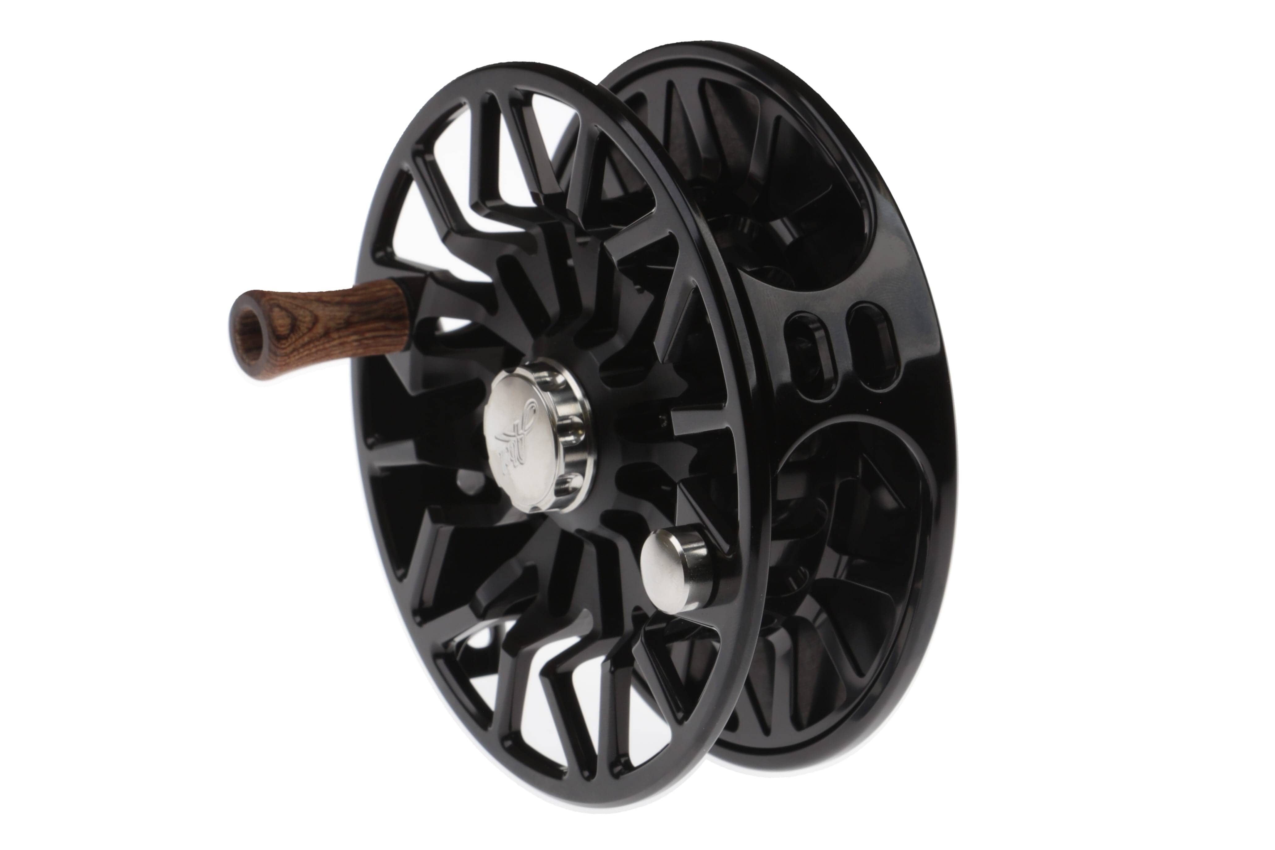 Abel SDS black anodized aluminum fly reel with wooden handle and silver drag knob, ventilated spool design