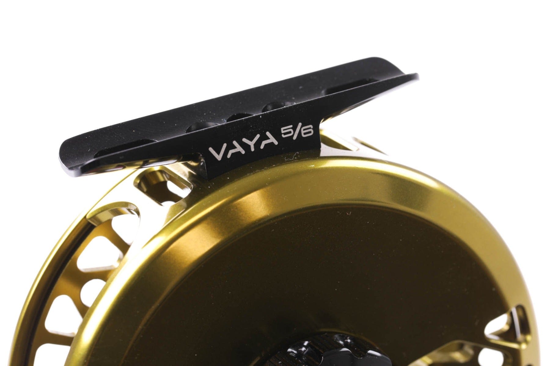 Abel VAYA fly reel, gold anodized aluminum spool with black machined reel seat marked VAYA 5/6, large arbor design