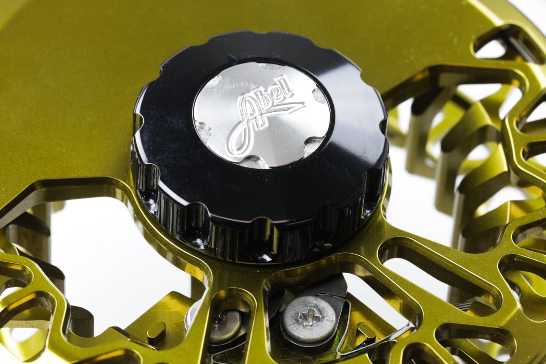 Abel VAYA fly reel with olive-green anodized aluminum spool, black drag knob and silver Abel logo