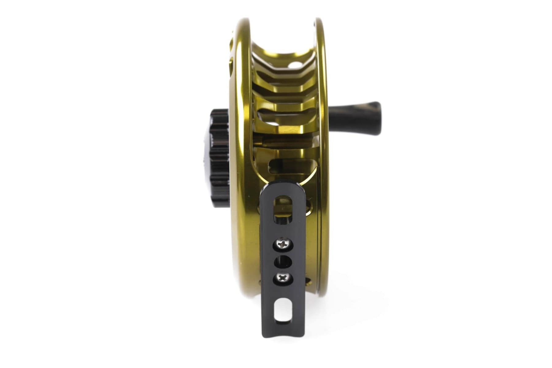 Abel VAYA fly reel, gold anodized aluminum with black handle and vented ported spool