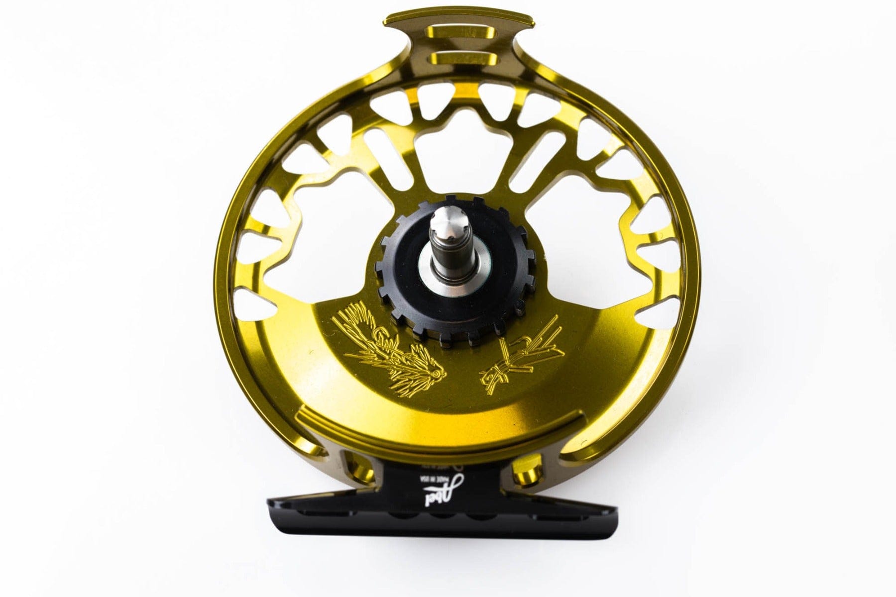 Abel VAYA large-arbor fly reel in gold anodized aluminum, skeletonized spool with engraved design