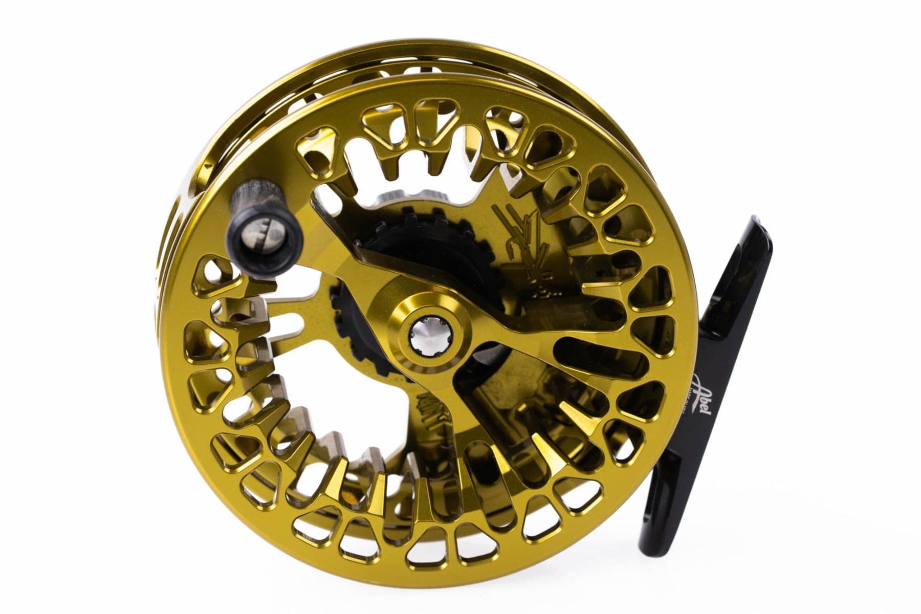 Abel VAYA anodized gold machined aluminum fly reel with ported large-arbor spool and black handle