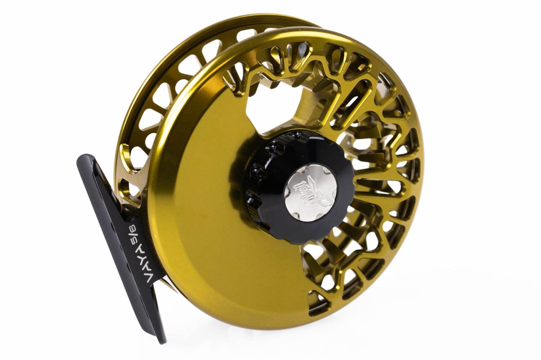 Abel VAYA anodized gold machined aluminum fly reel with black drag knob and cutout spoke design
