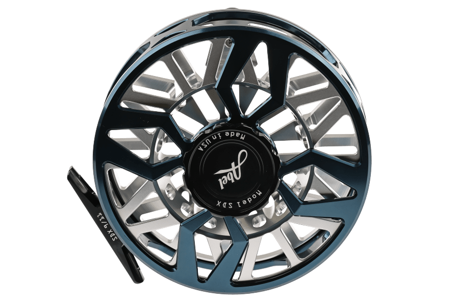 Abel SDX 9/11 Ported fly reel, Deep Blue frame with Platinum spool and Black handle, front view