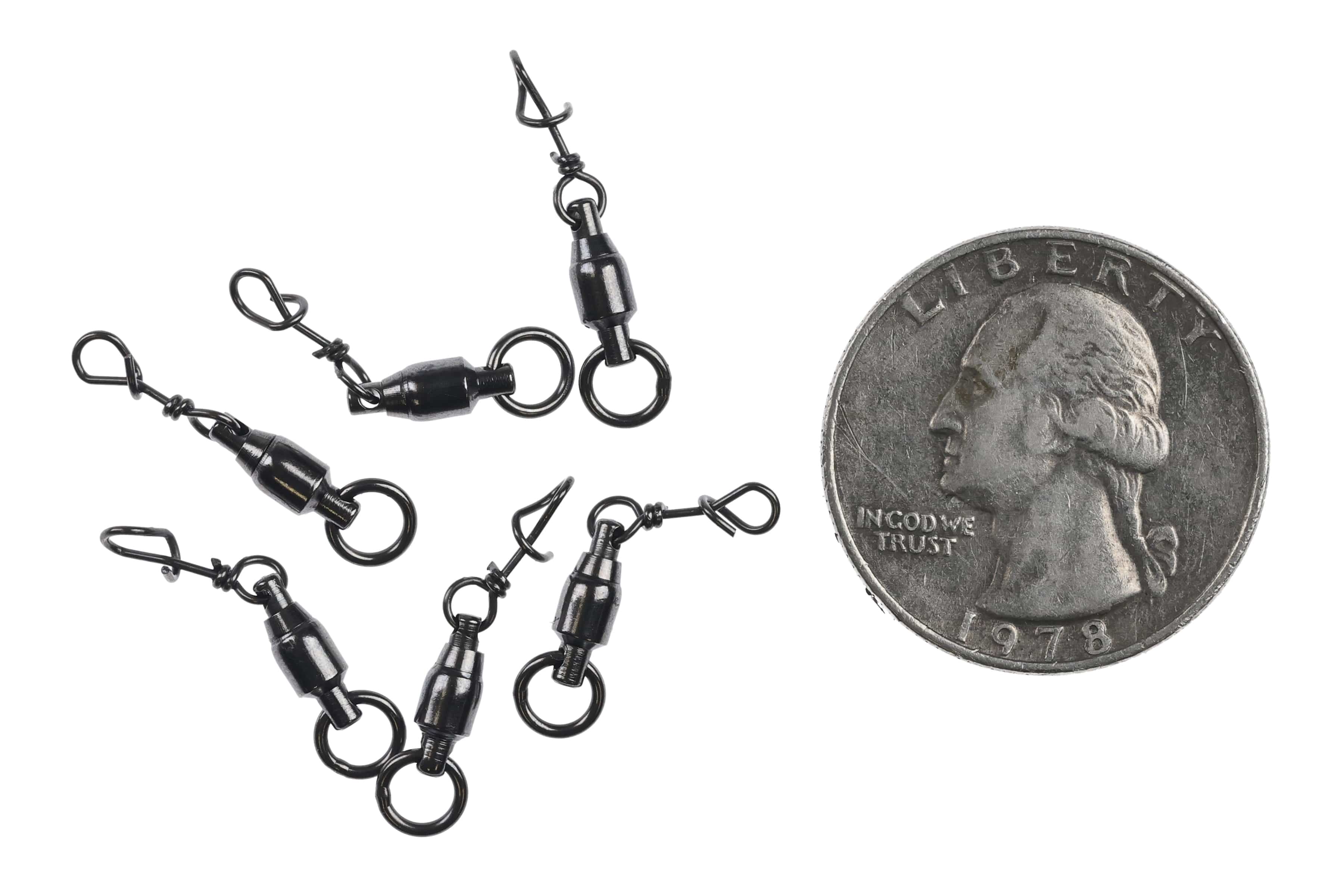 Ahrex Fastach black metal clip with ball-bearing swivel and tiny split ring shown next to a US quarter for scale