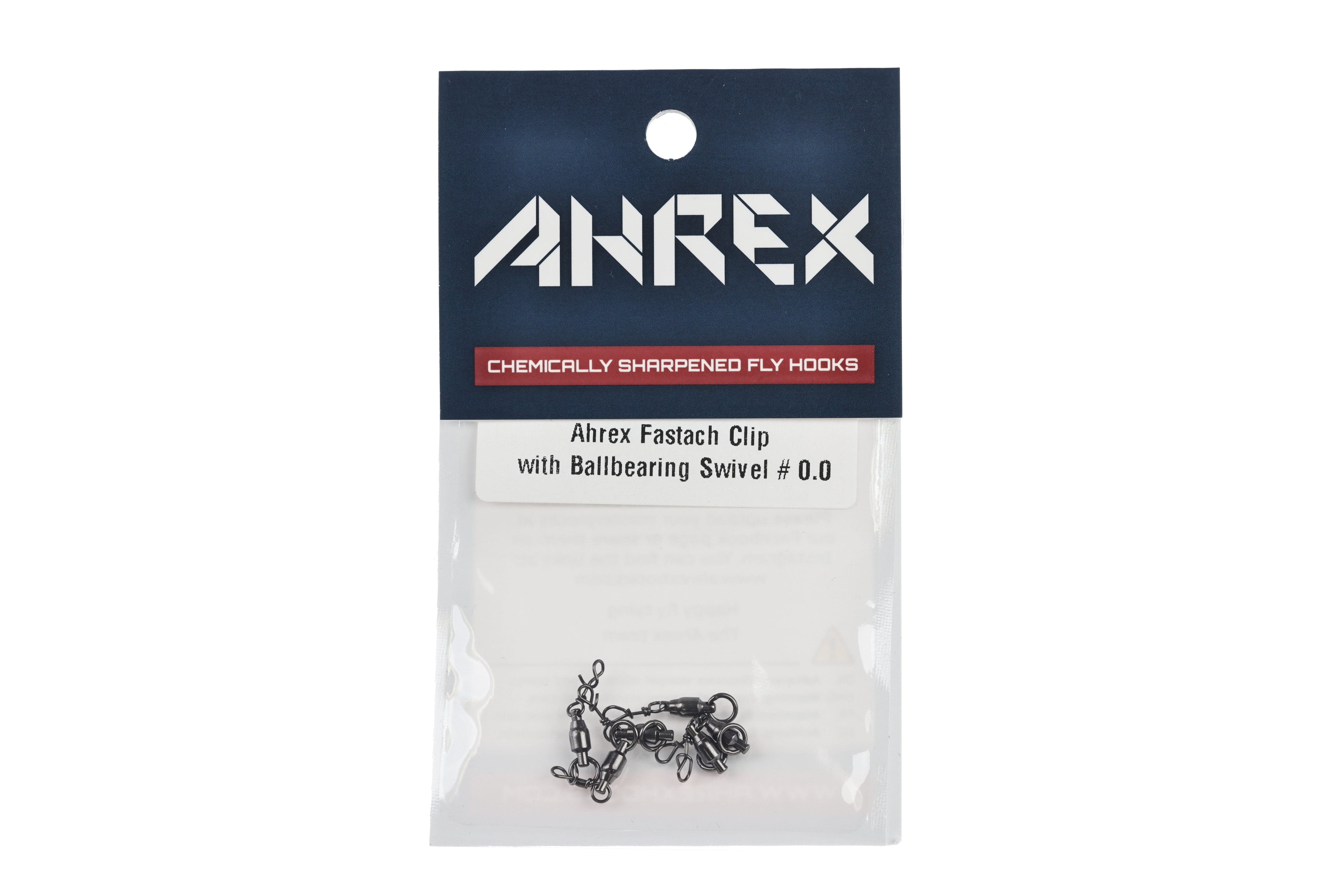 Ahrex Fastach clip pack with navy blue card and white logo, clear pouch showing black ball-bearing swivels