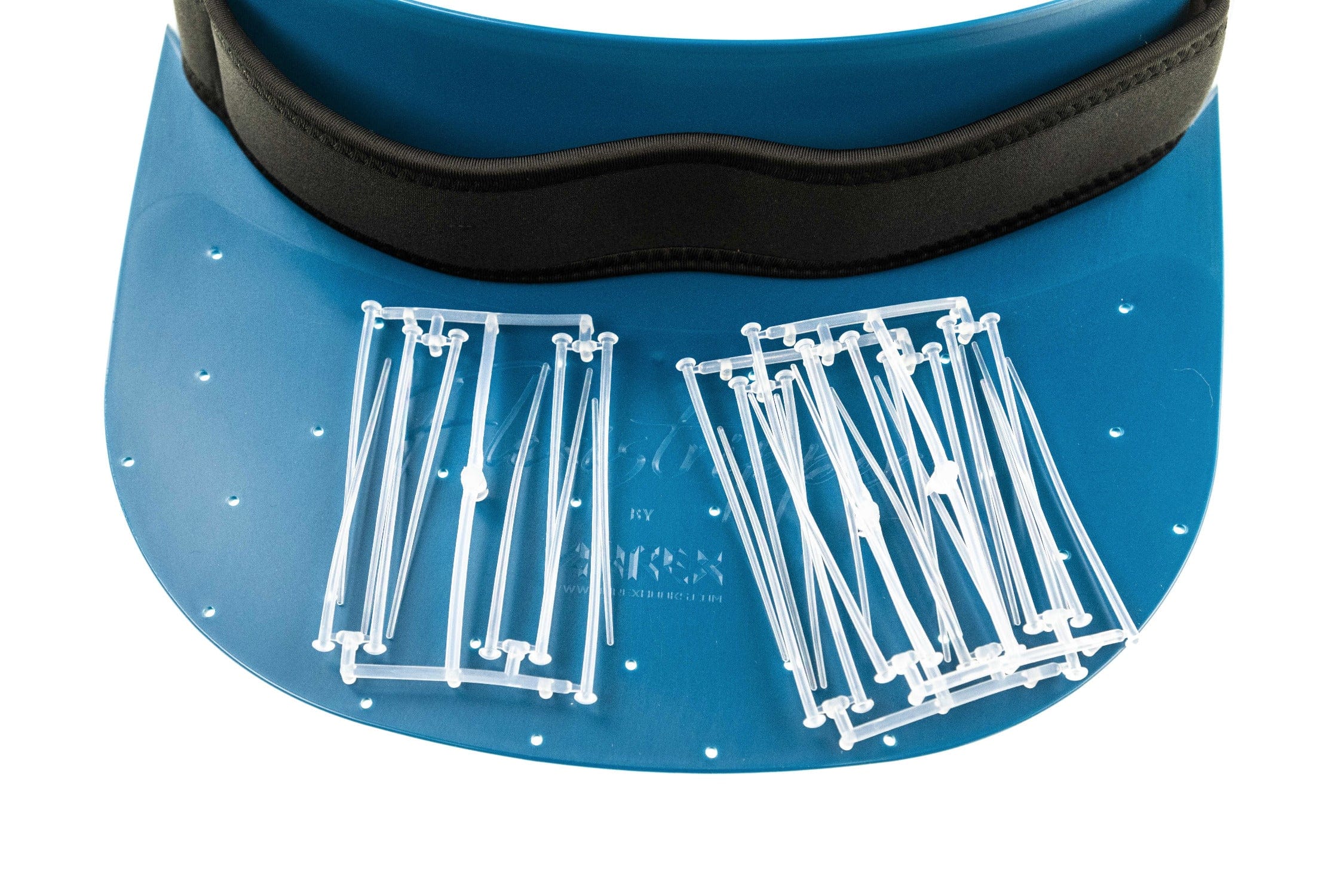 Blue Ahrex Flexistripper line basket with black neoprene strap and clear flexible plastic line stripper pegs on curved tray