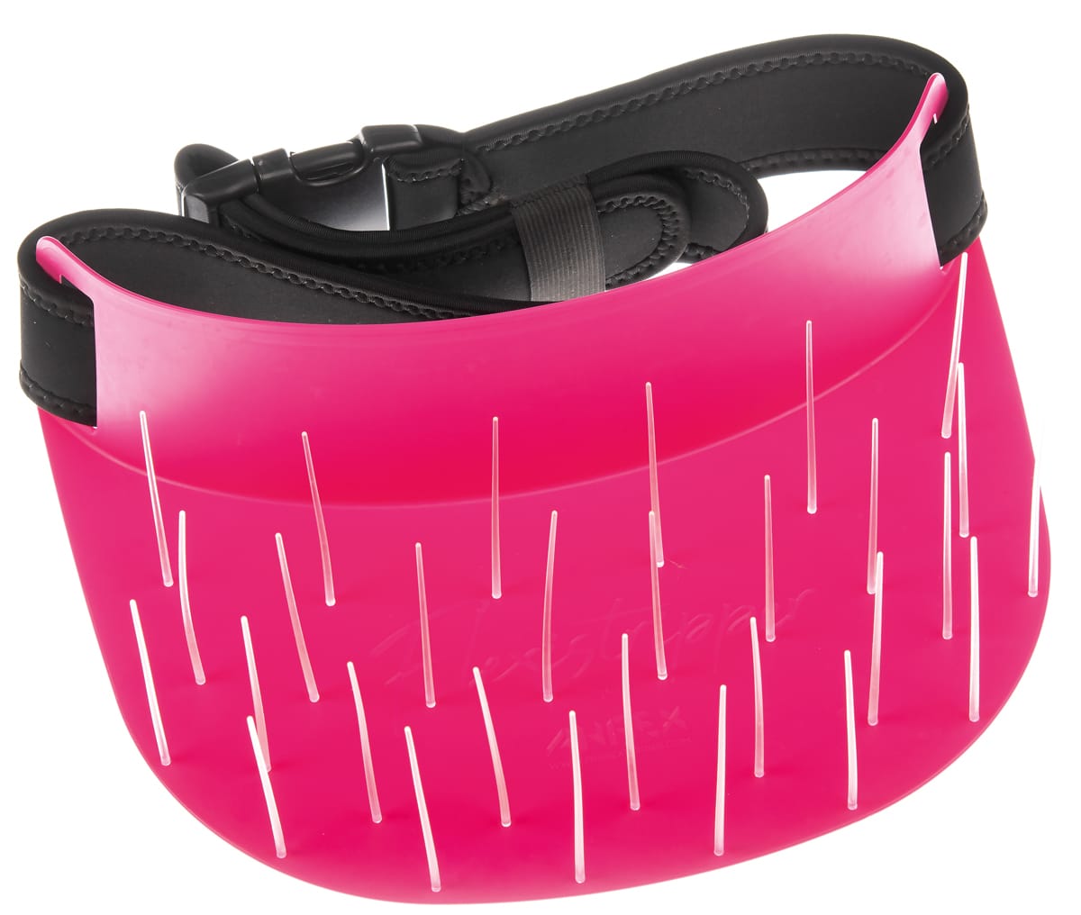 Ahrex Flexistripper pink flexible plastic line basket with clear vertical spikes and black belt strap fishing accessory