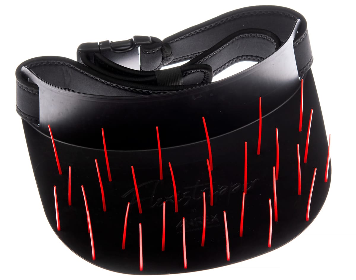 Ahrex Flexistripper black plastic line basket with red flexible spikes and padded neoprene strap