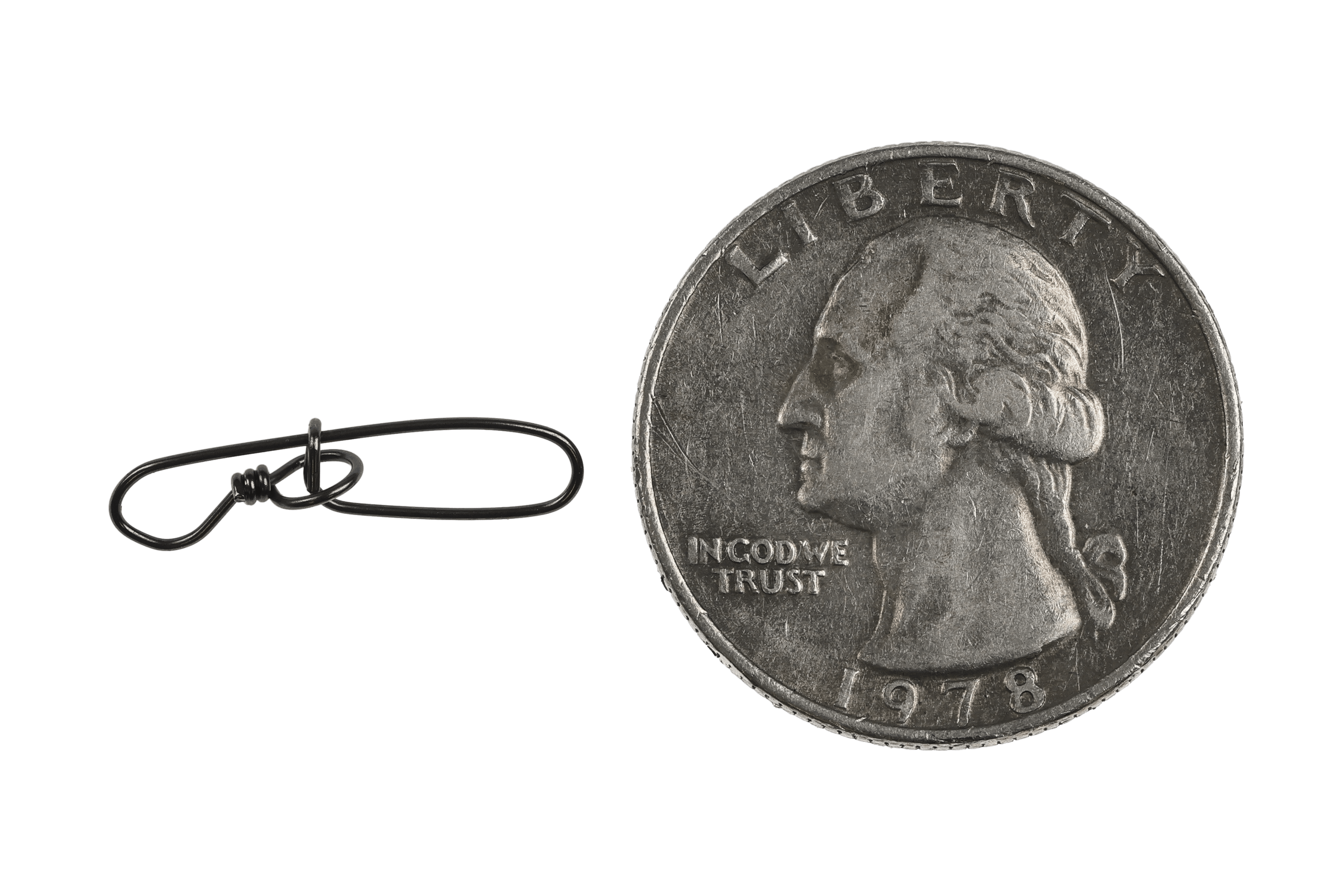 Ahrex Stay Locked fishing snap, small black gunmetal wire snap with twisted locking loop beside US quarter for scale