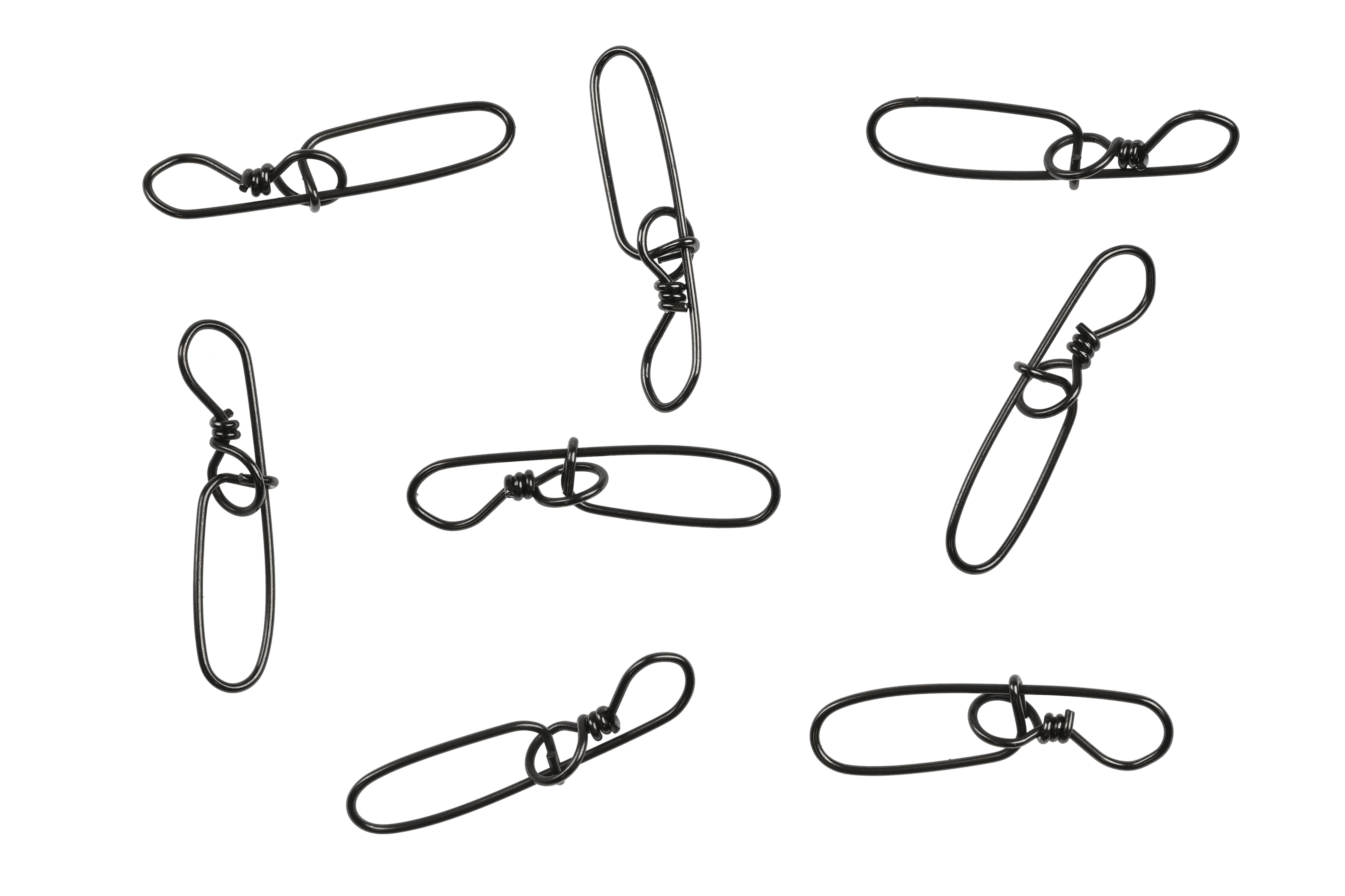 Ahrex black coated metal stay-locked fishing snaps, elongated wire shape with coiled locking loop, multiple