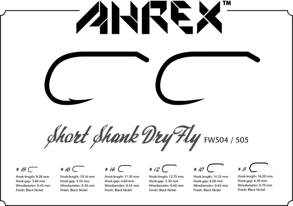 Ahrex AFW505 barbless short-shank dry fly hooks, black nickel curved hook for fly tying