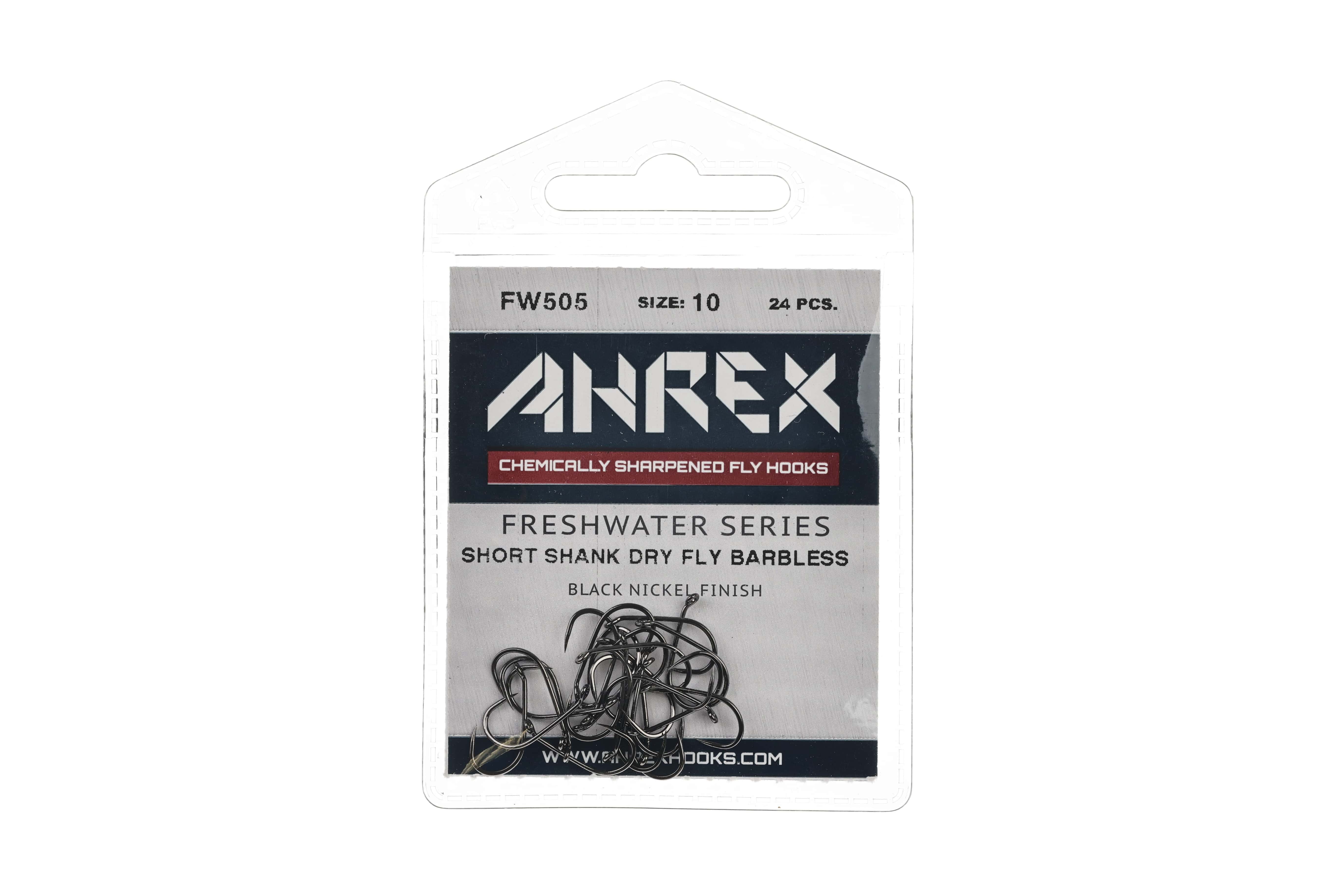 Ahrex AFW505 black nickel short-shank barbless dry fly hooks in clear blister pack, size 10, pile of hooks visible