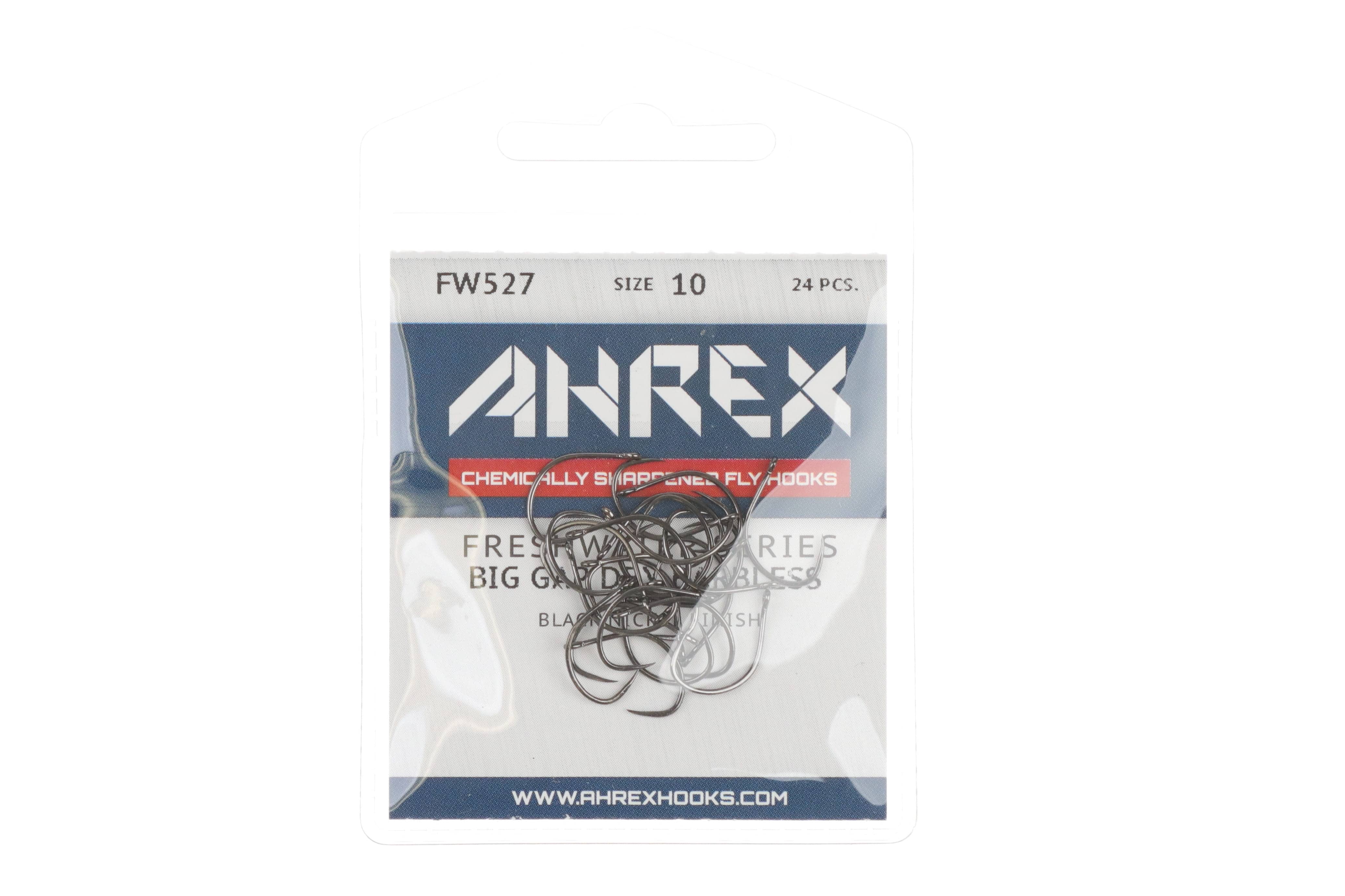 Ahrex size 10 black-nickel big gap short-shank dry fly hooks in clear blister pack, chemically sharpened steel finish