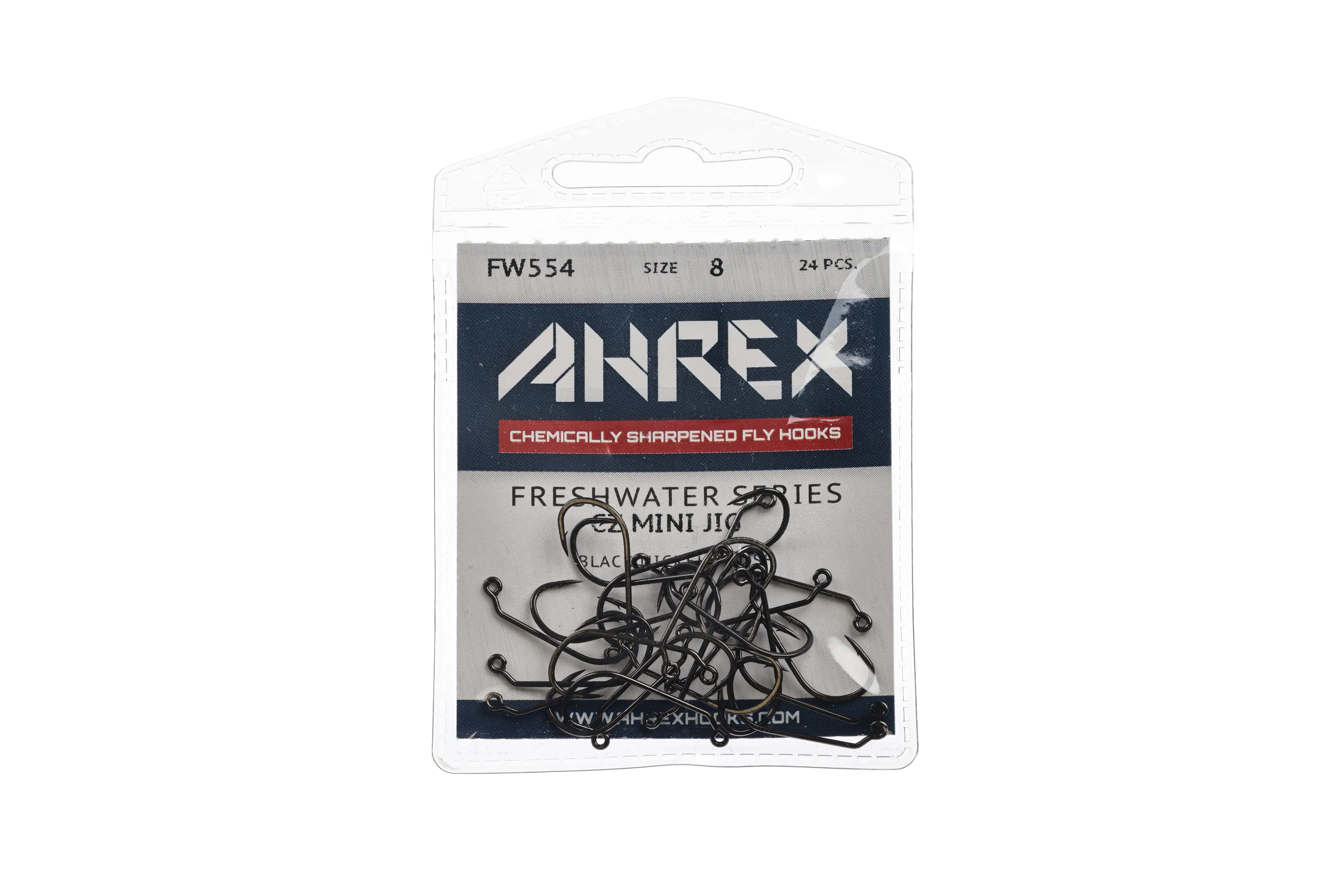 Ahrex AFW554 black nickel mini jig fly hooks, small dark metallic curved hooks in clear blister pack with navy branding