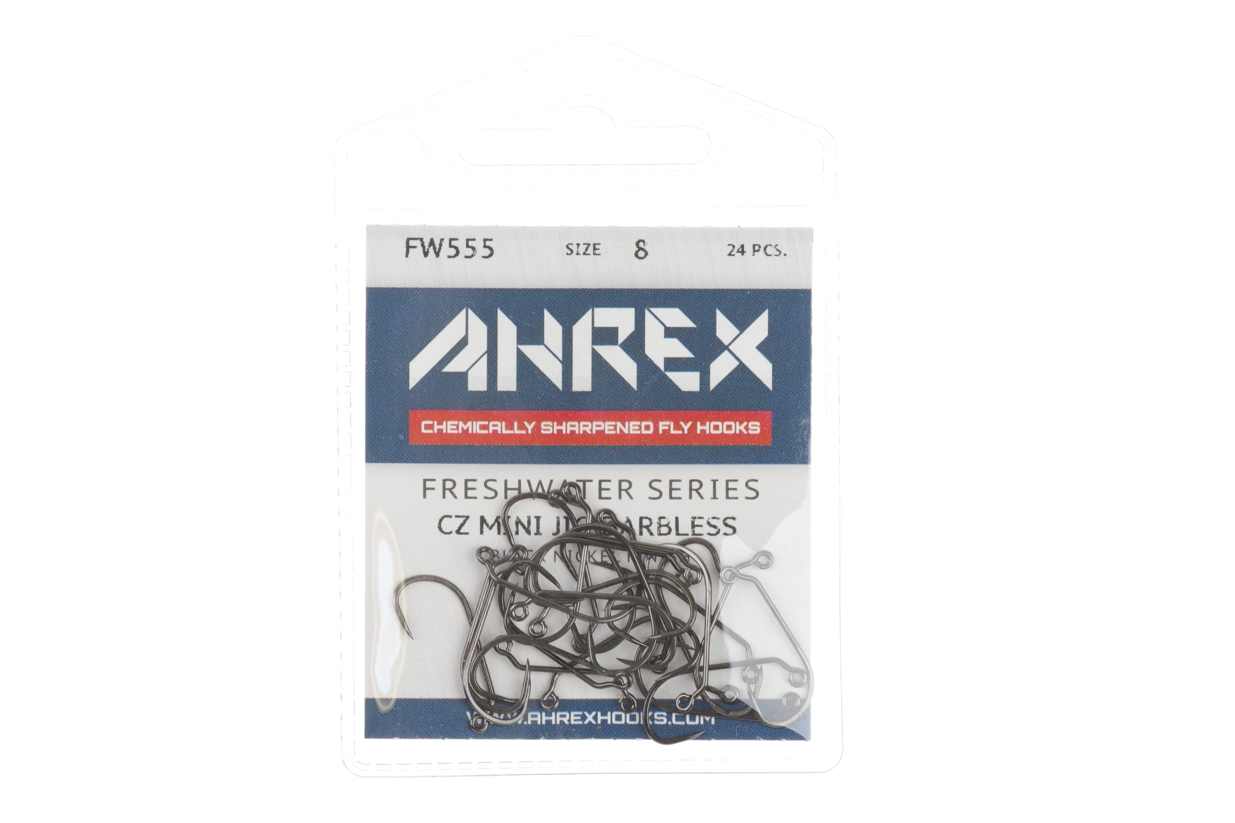 Ahrex AFW555 gunmetal CZ mini jig hooks pack with scattered dark metal fly hooks visible, size 8 blister pack