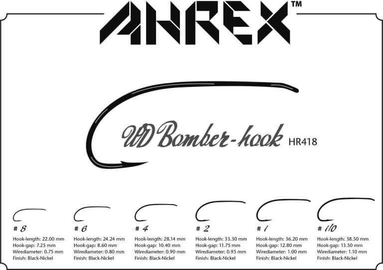 Ahrex AHR418 Bomber fly-tying hooks, black-nickel curved bomber hook silhouettes with size labels and measurements