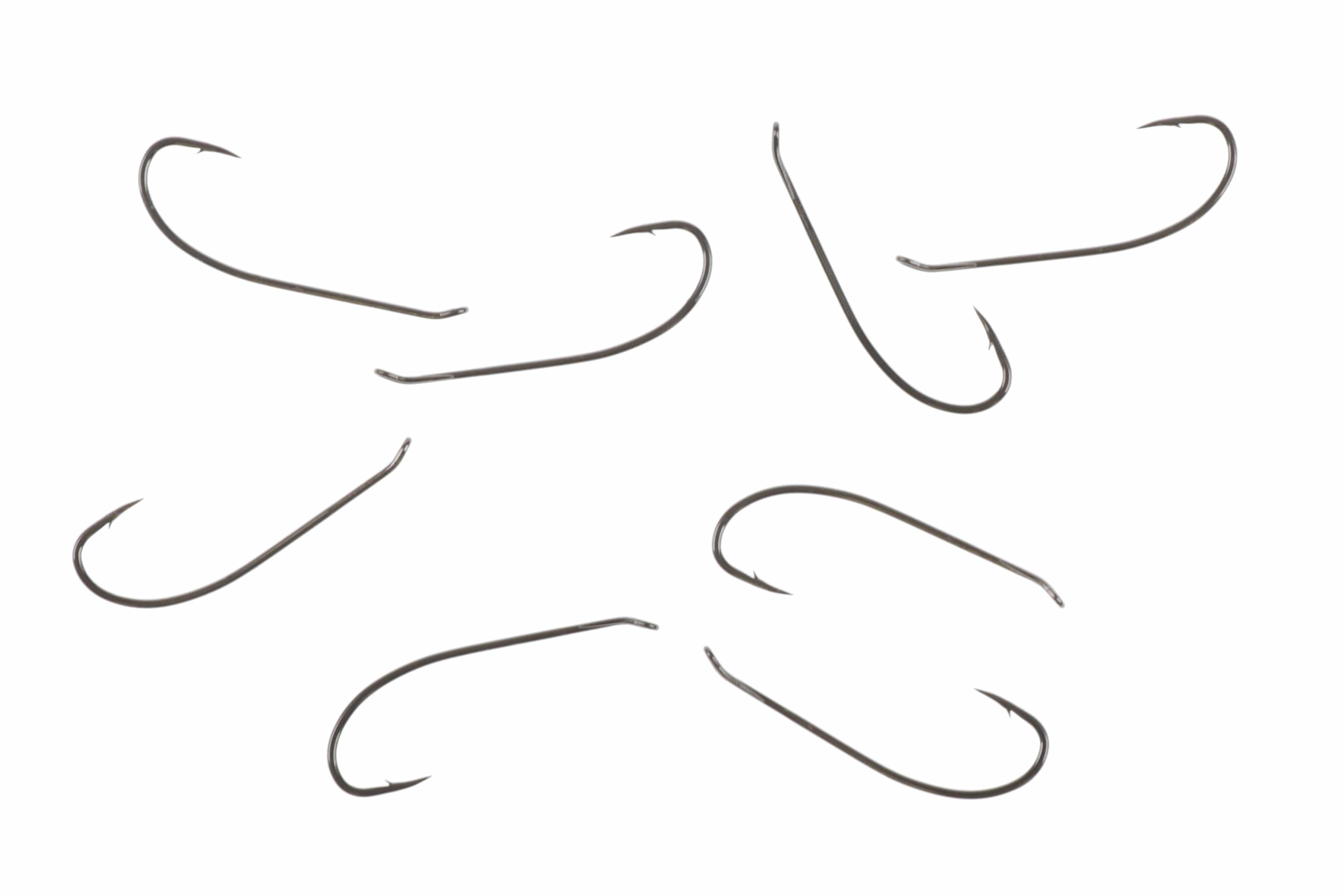 Ahrex AHR418 Bomber fly tying hooks, gunmetal barbed wide-gape curved hooks scattered on white background