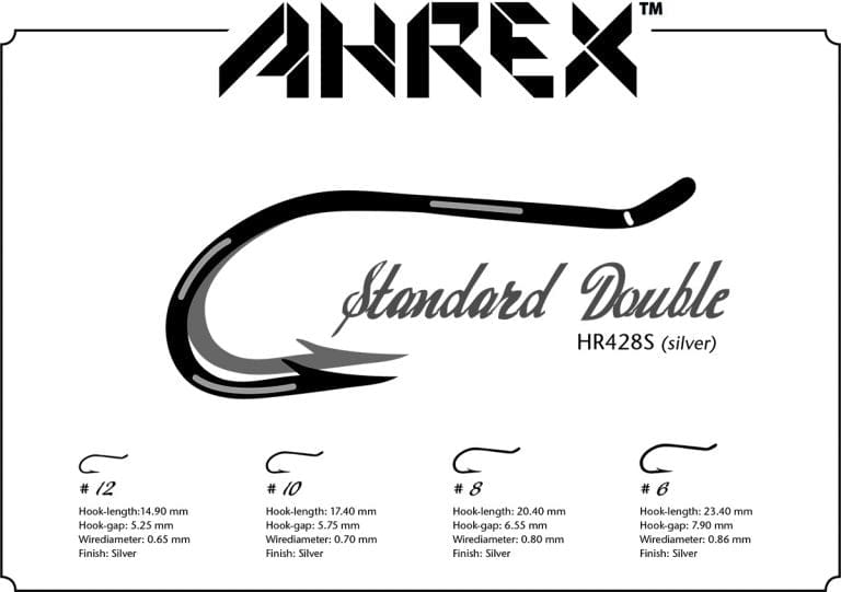 Ahrex AHR428S silver standard double fly-tying hooks, metallic curved paired hooks illustration with size annotations