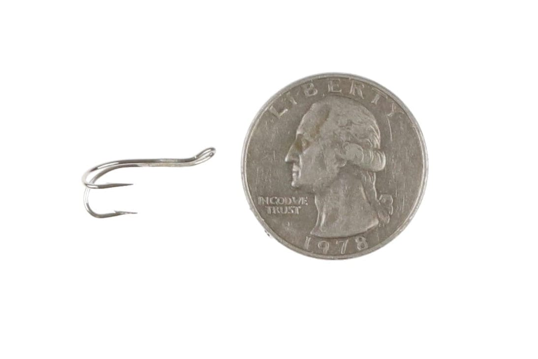 Ahrex AHR428S silver double hook, polished metal fly-tying hook shown beside US quarter for size reference