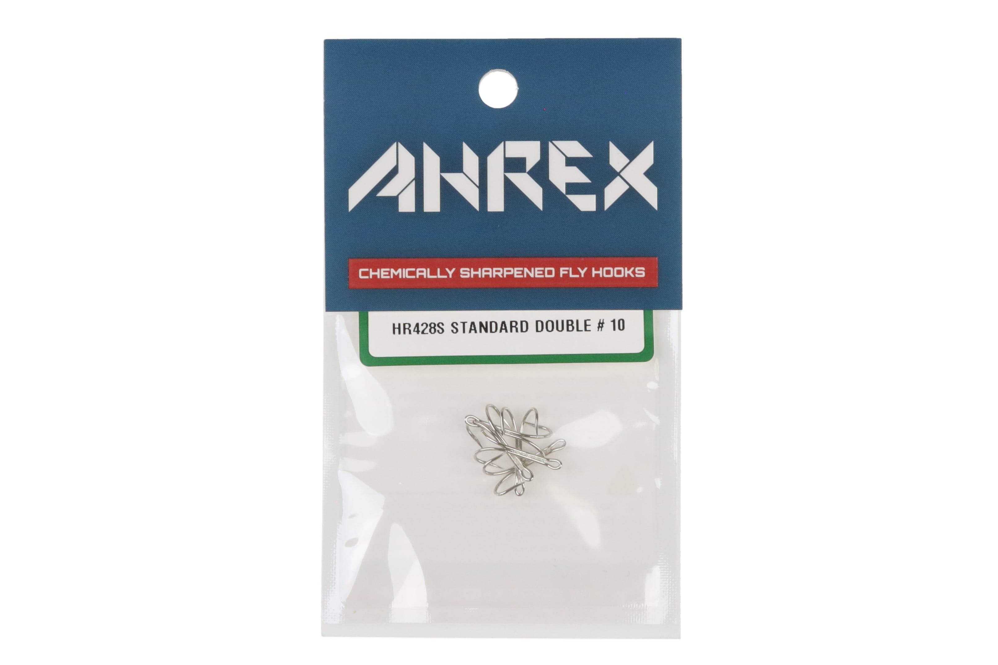 Ahrex AHR428S silver double fly hooks in clear pouch with blue branded header and white size label