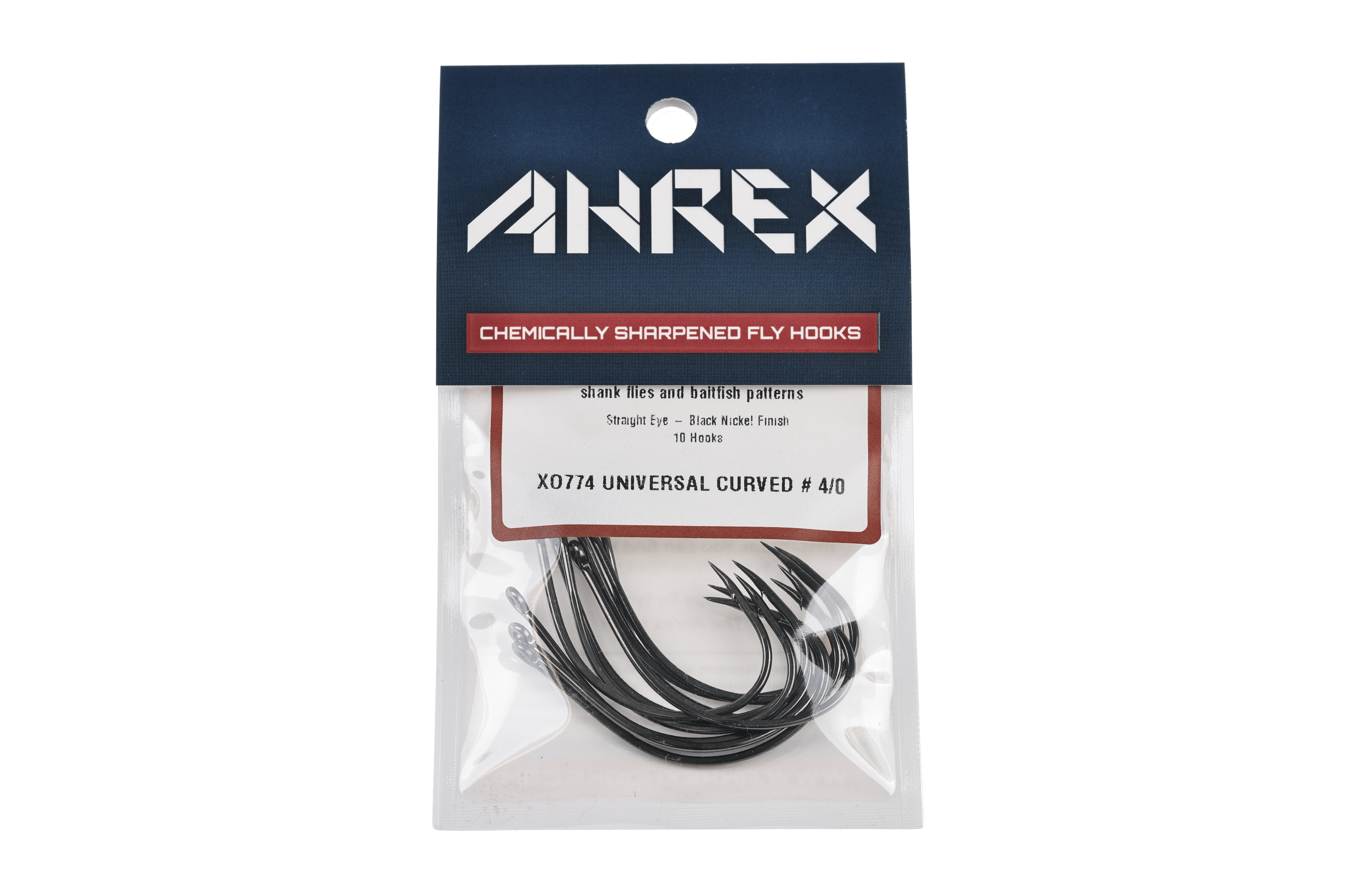 Ahrex black nickel universal curved fly hooks in clear plastic pack with navy header and red chemically sharpened label