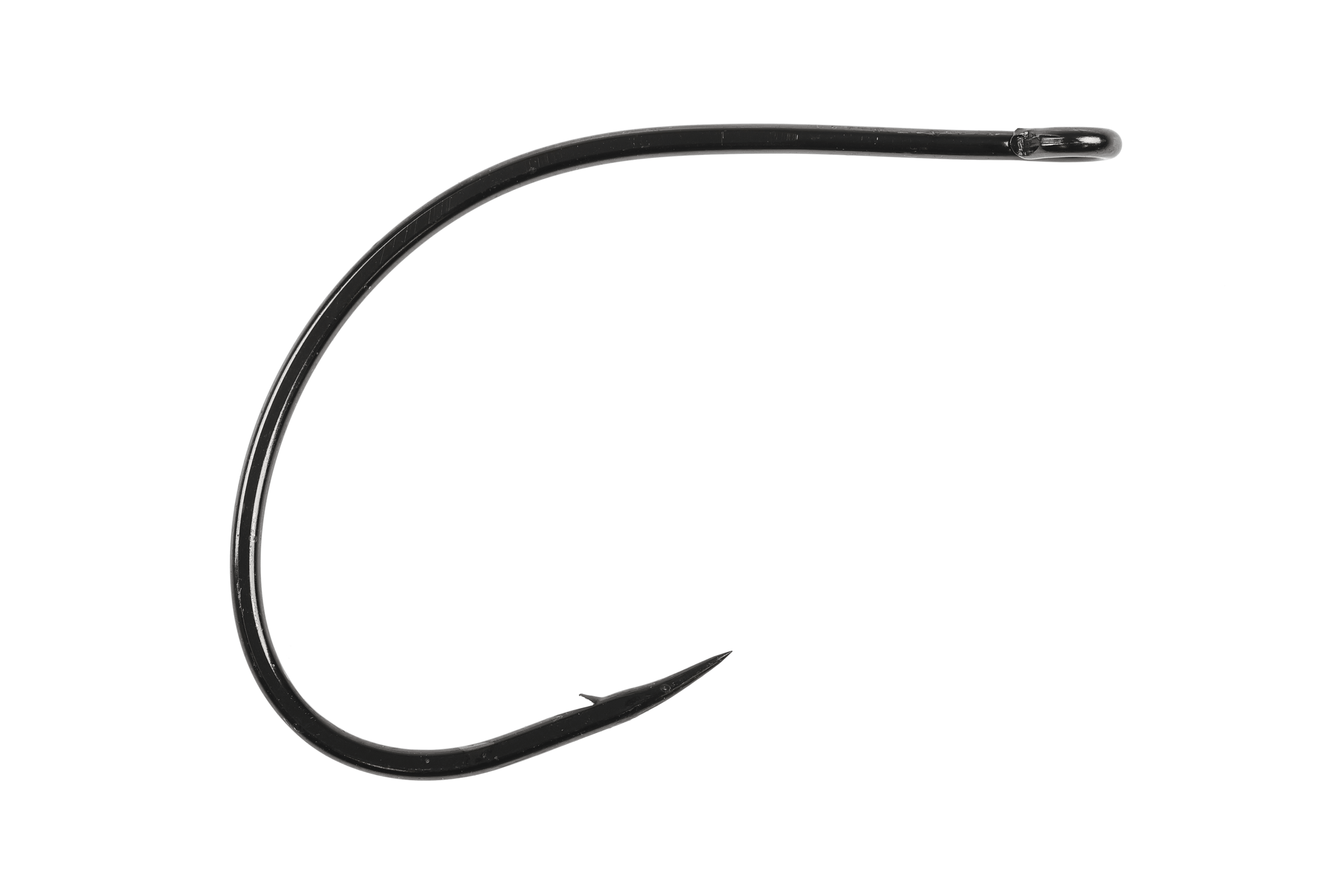 Black glossy curved Ahrex fly tying hook with wide gape, barbed point, steel shank and rounded eye