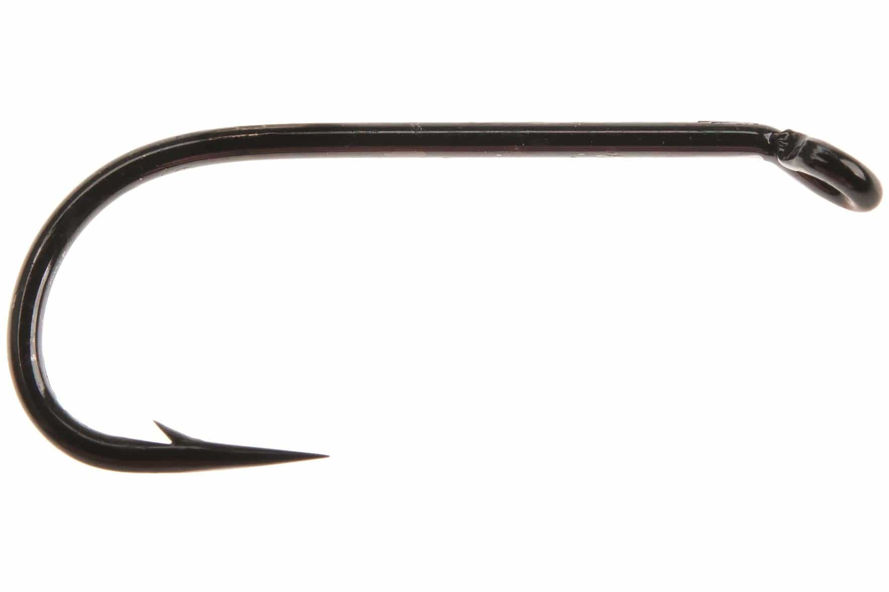 Ahrex FW500 black barbed round-bend dry fly hook with straight eye and thin wire finish