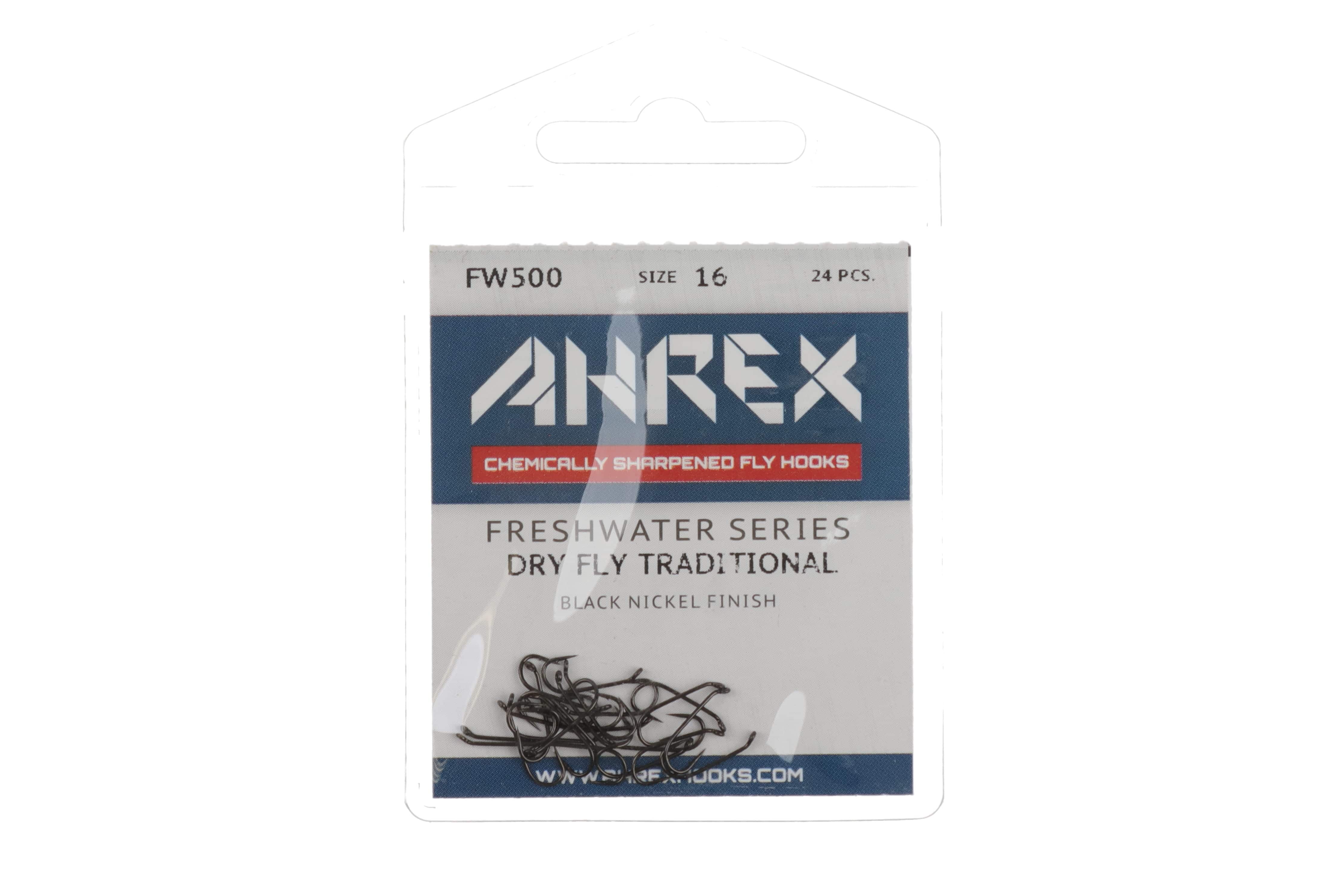 Ahrex FW500 size 16 black nickel dry fly hooks in clear blister pack, pile of small black curved hooks on white-blue card