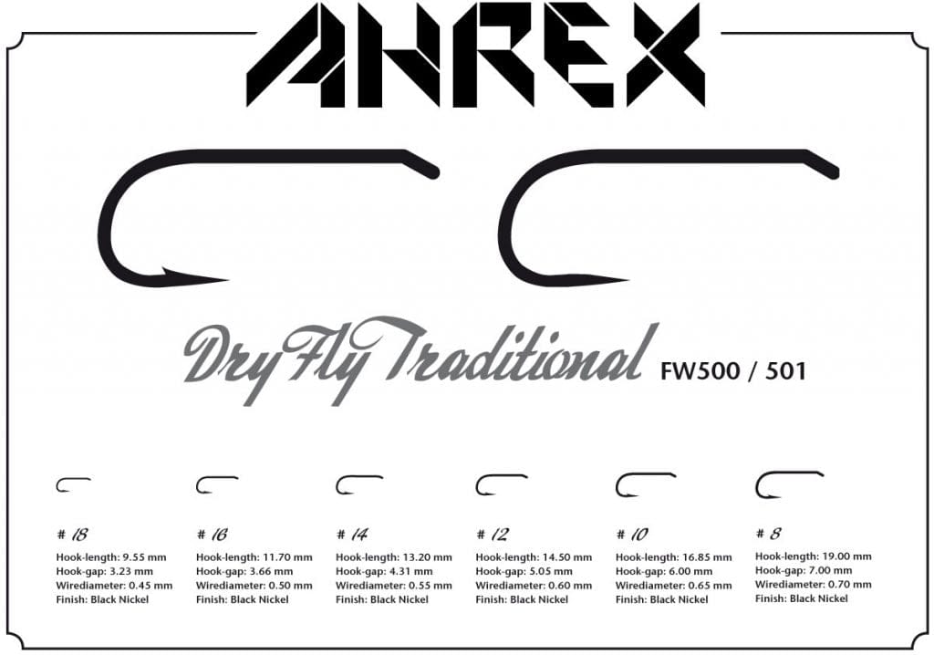 Ahrex FW501 barbless dry fly hooks, black-nickel curved hook silhouettes showing traditional dry fly style and size specs