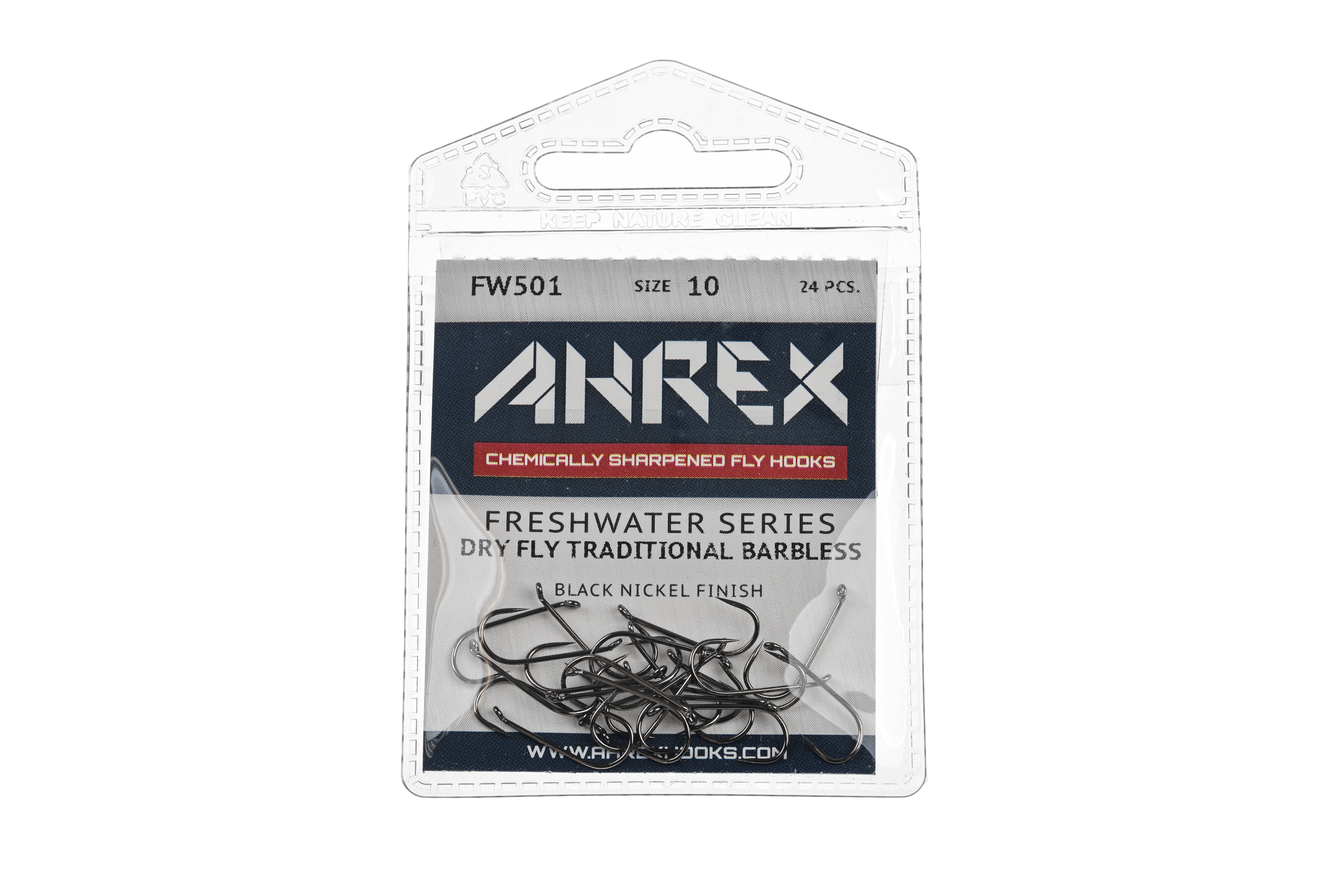 Ahrex FW501 black nickel barbless dry fly hooks in clear plastic pack, size 10 label and loose curved hooks visible