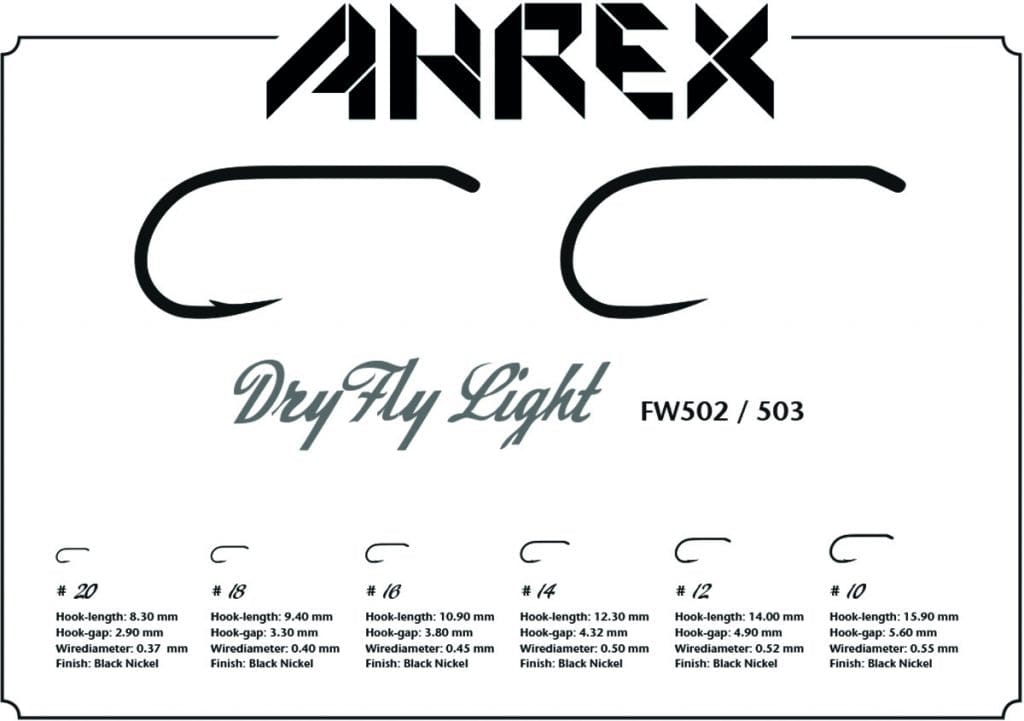 Ahrex FW503 dry fly hooks, black nickel barbless light curved hooks on white background with size chart and logo
