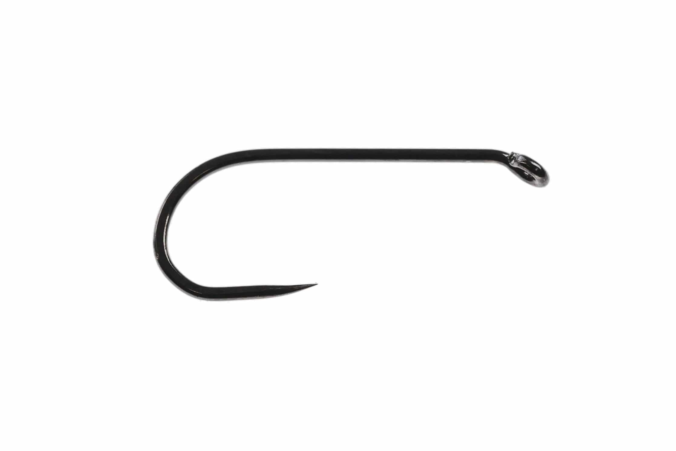 Ahrex FW503 black barbless dry fly hook with slim forged wire, round bend and straight eye for fly tying