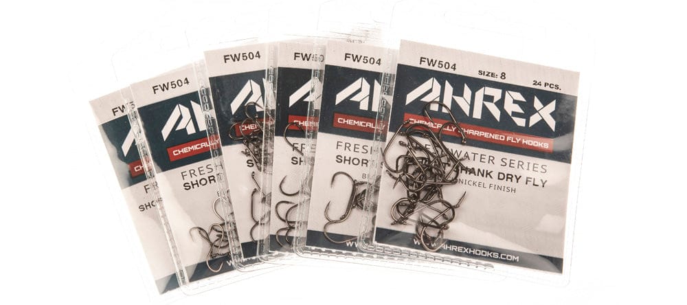 Ahrex FW504 short-shank dry fly hooks in clear packs, nickel-finish dark metallic hooks for fly tying, size 8