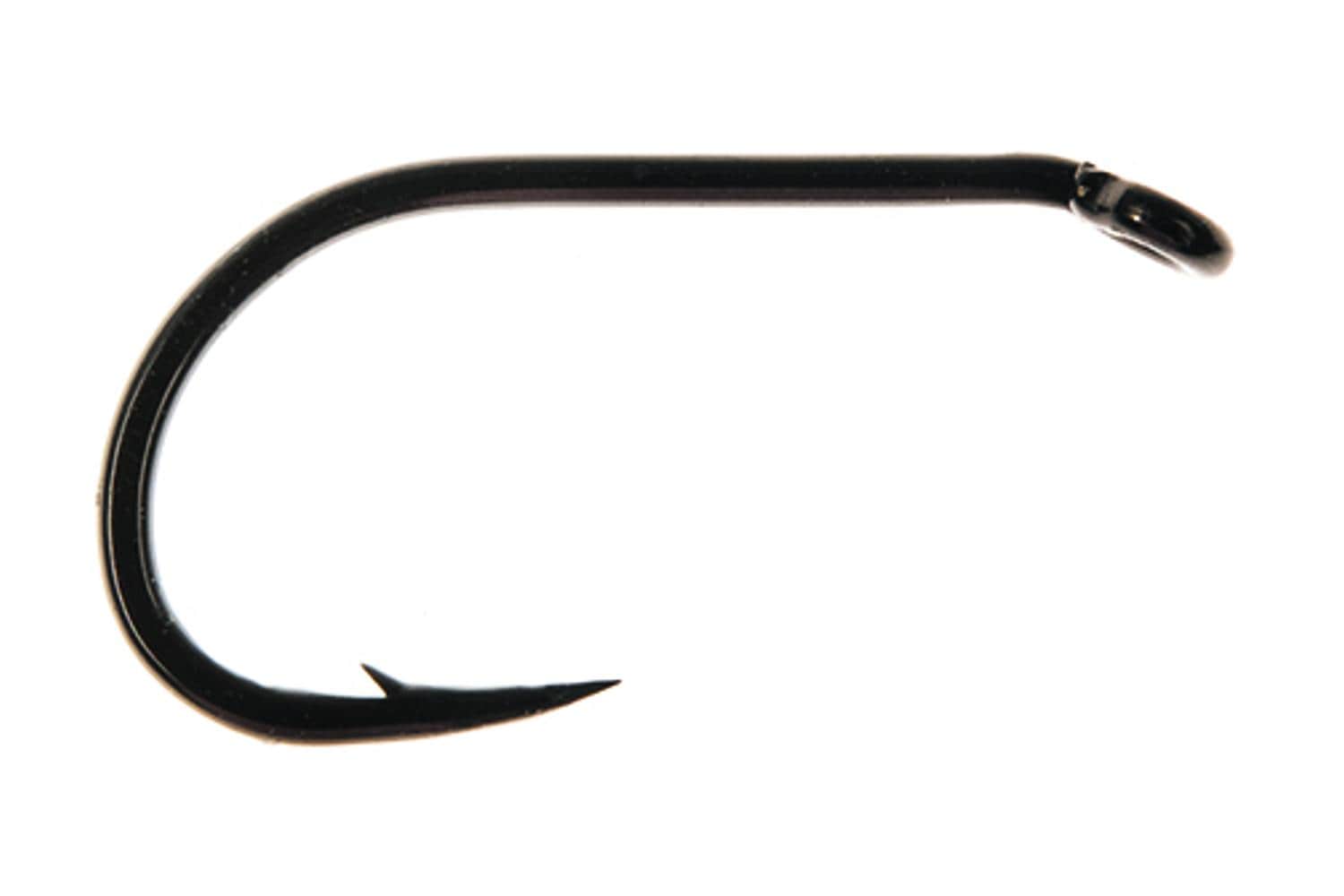 Ahrex FW504 short-shank dry fly hook, black metal finish, compact curved shank, up eye and small barb