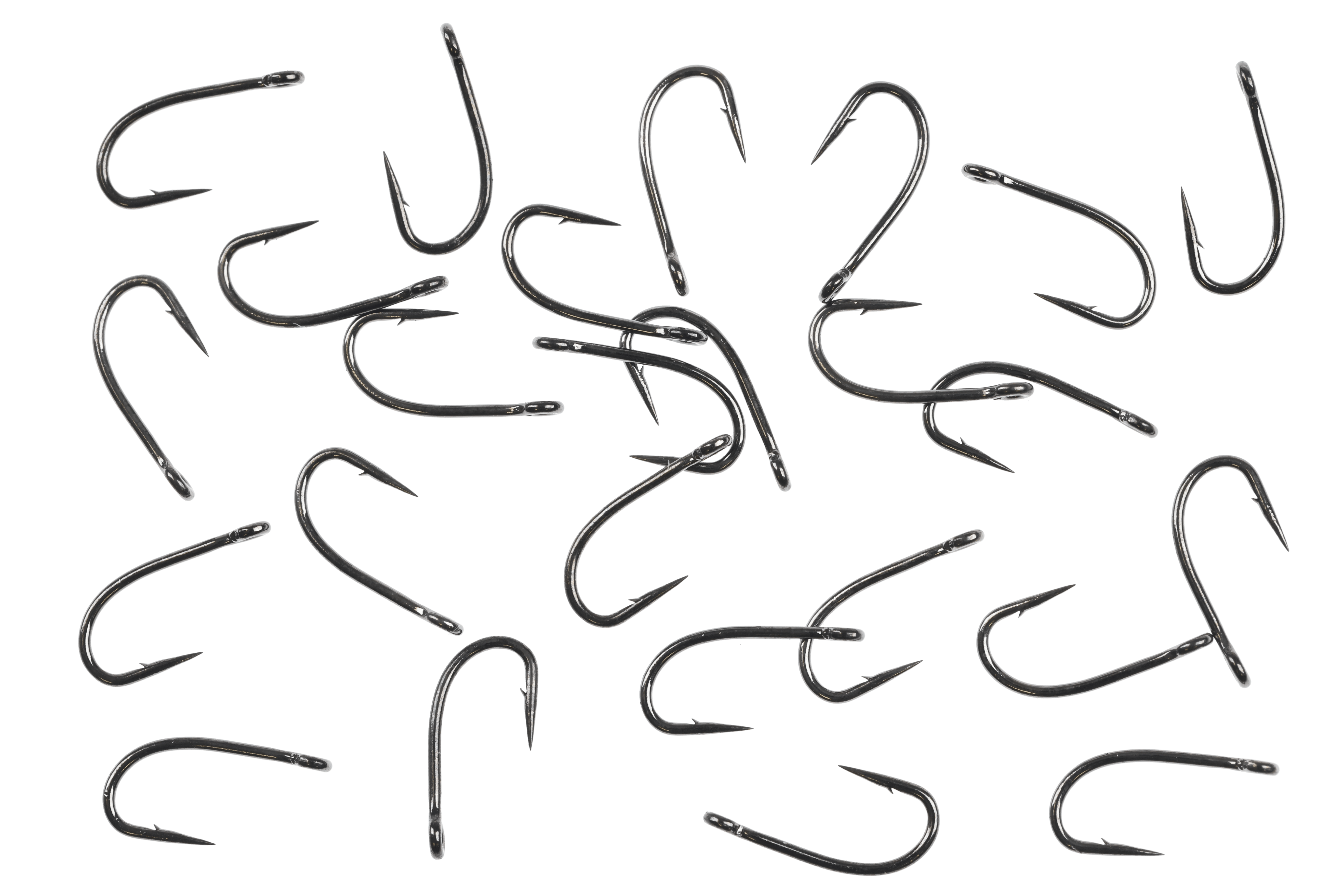 Scattered black nickel mini curved dry fly hooks with micro barb and turned eye for fly tying