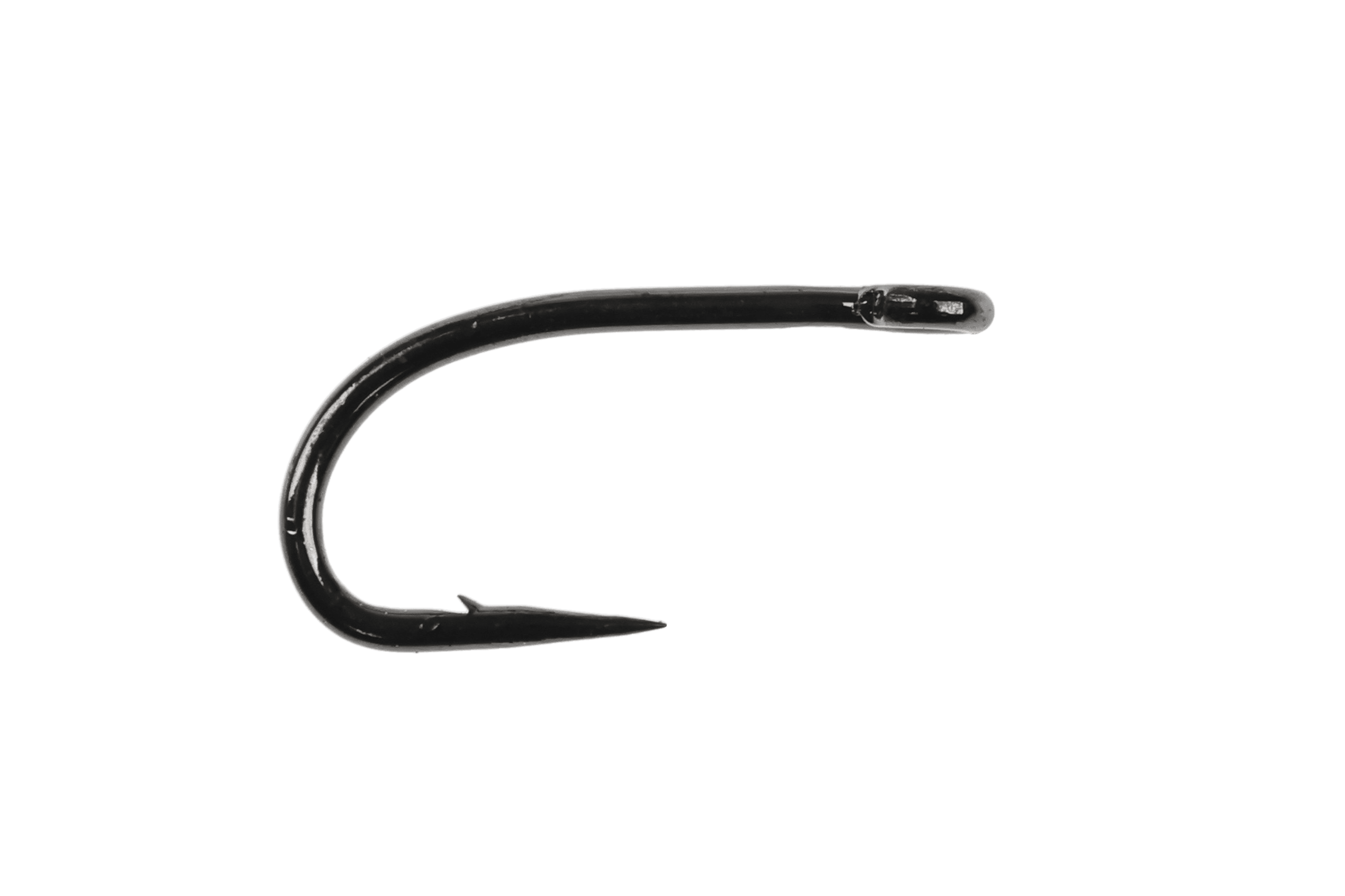 Black Ahrex FW516 mini curved dry hook with barbed point and glossy black finish for fly tying