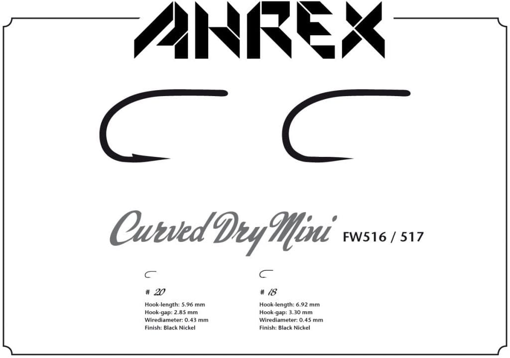 Ahrex FW517 mini barbless curved dry fly hooks, black nickel finish, small curved profile for precision fly tying