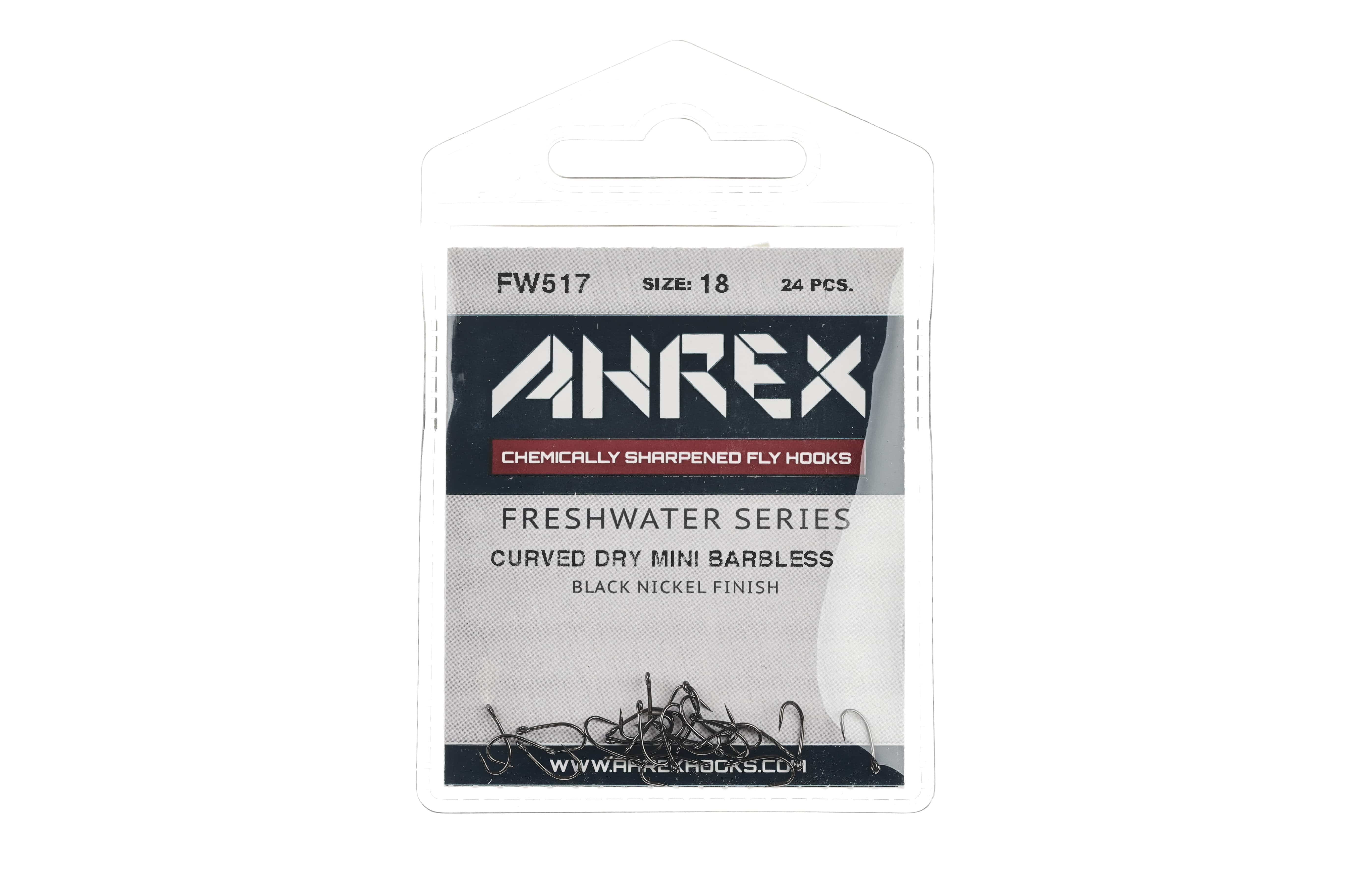 Pack of Ahrex FW517 size 18 black nickel mini curved barbless dry fly hooks in clear blister pack