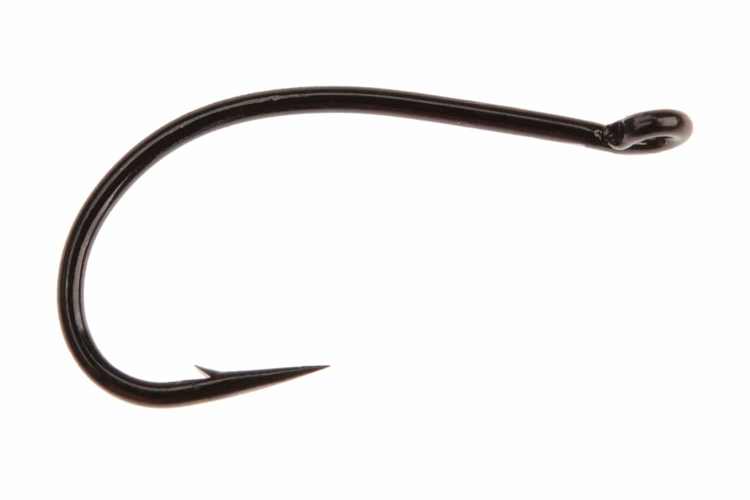 Black glossy Ahrex FW520 emerger fly tying hook with curved shank, wide gape and small barb
