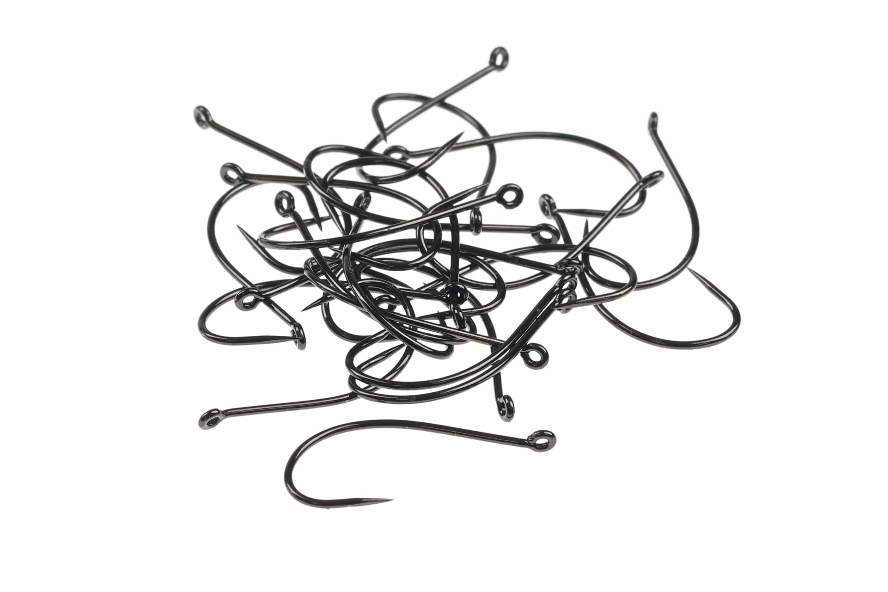 Tangled pile of glossy black barbless emerger hooks with up-eye and curved shanks, steel fly tying hooks