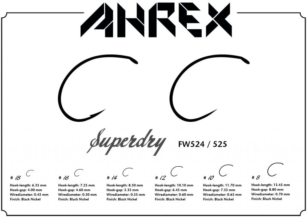 Ahrex FW524 Superdry black nickel curved fly-tying hooks, short-shank wide-gape style illustrated with sizes #18-#8