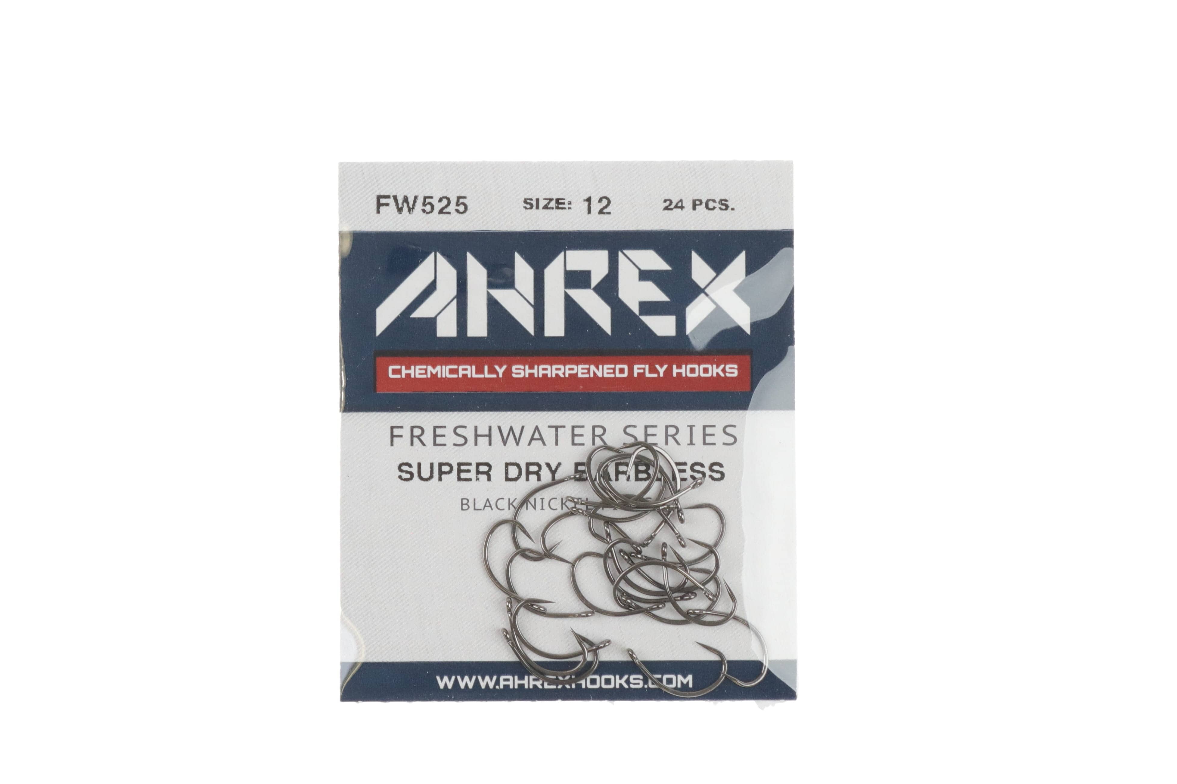 Ahrex FW525 black nickel barbless fly hooks (size 12) loose on white card with navy logo, chemically sharpened finish