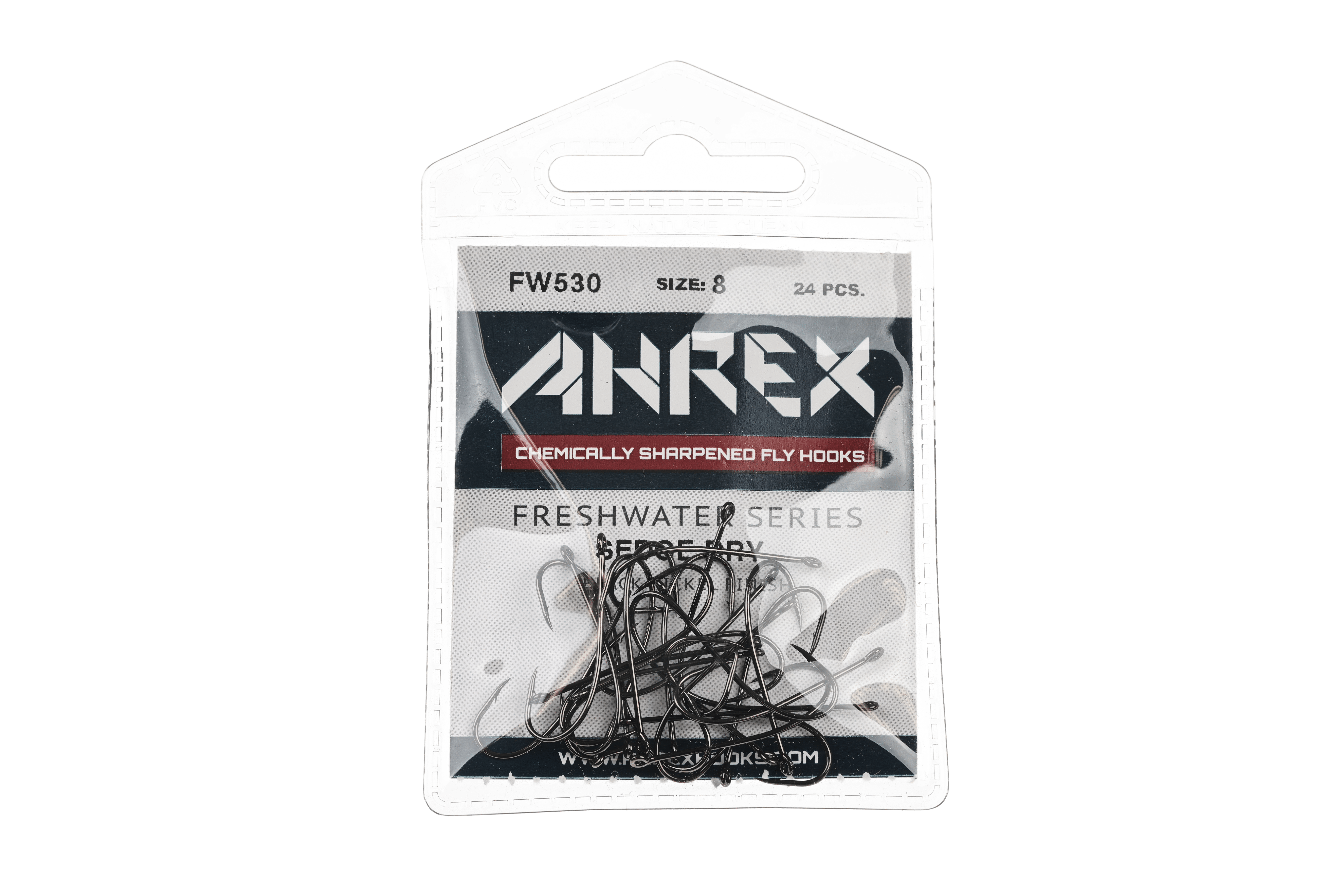 Ahrex FW530 size 8 black metal sedge dry fly hooks in clear blister pack, chemically sharpened